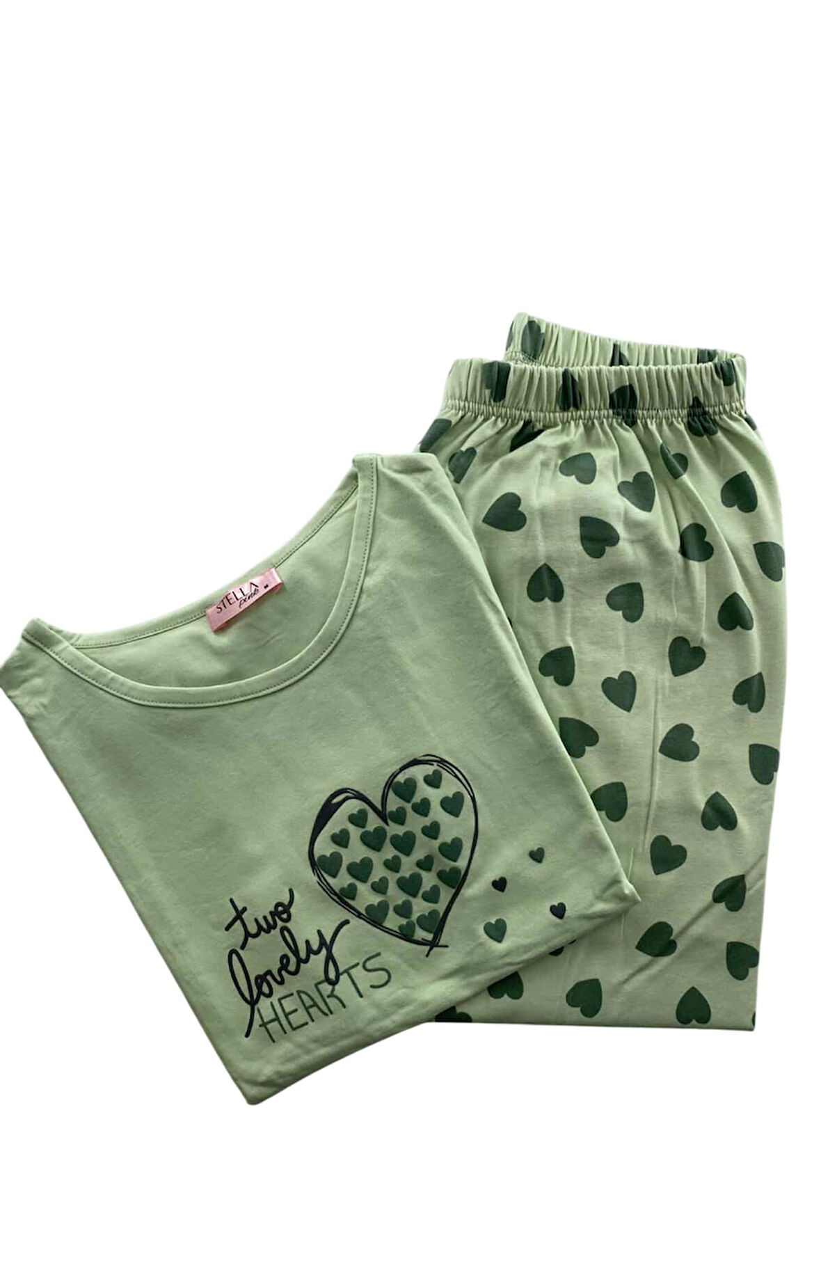 Kadın Kalp Desenli Kısa Kollu Pijama Takım - 5645 - STLLA PNK