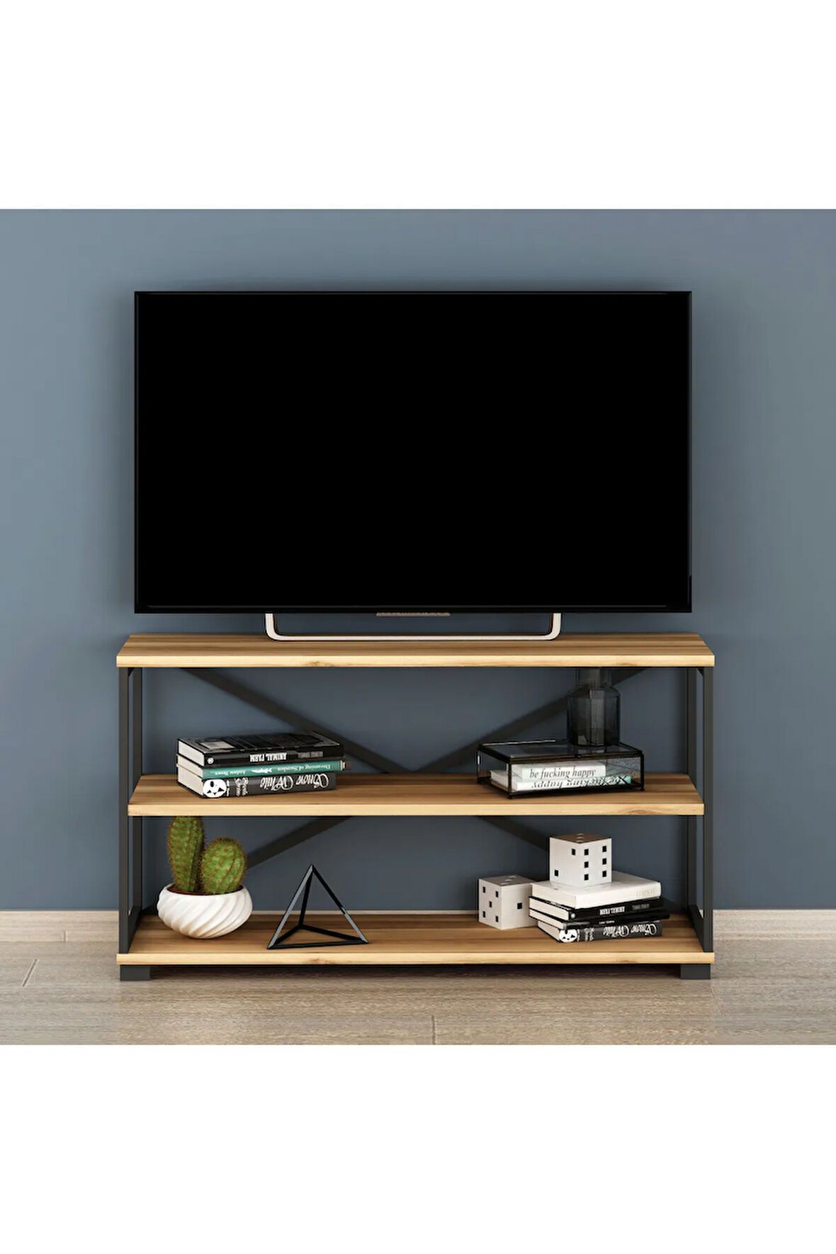 Nuovo Tv Sehpası, Siyah Metal Ayaklı Modern Tv Ünitesi, Raflı Tv Standı, Televizyon Sehpası