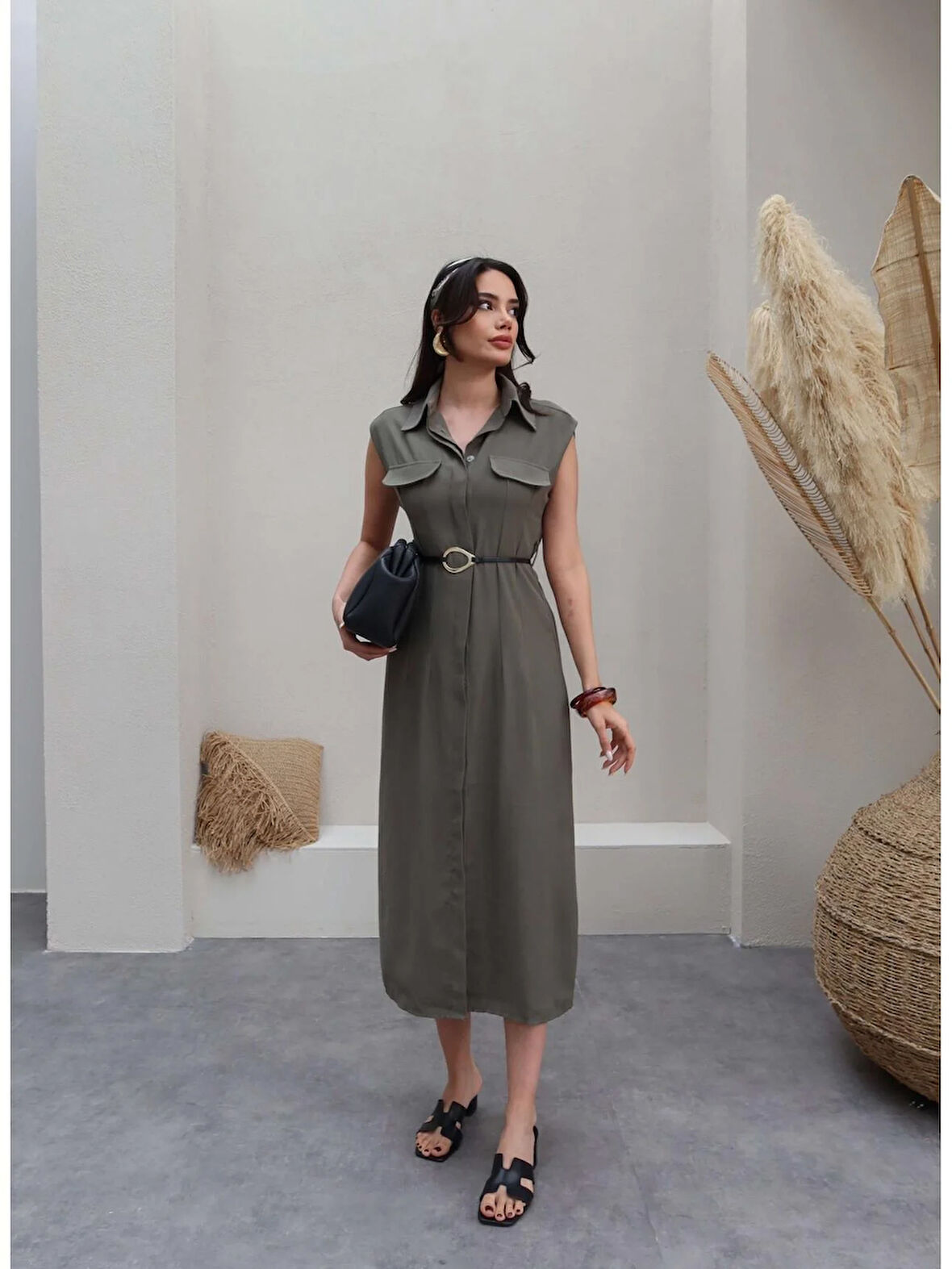 Gold Toka Kemerli Tencel Kumaş Elbise