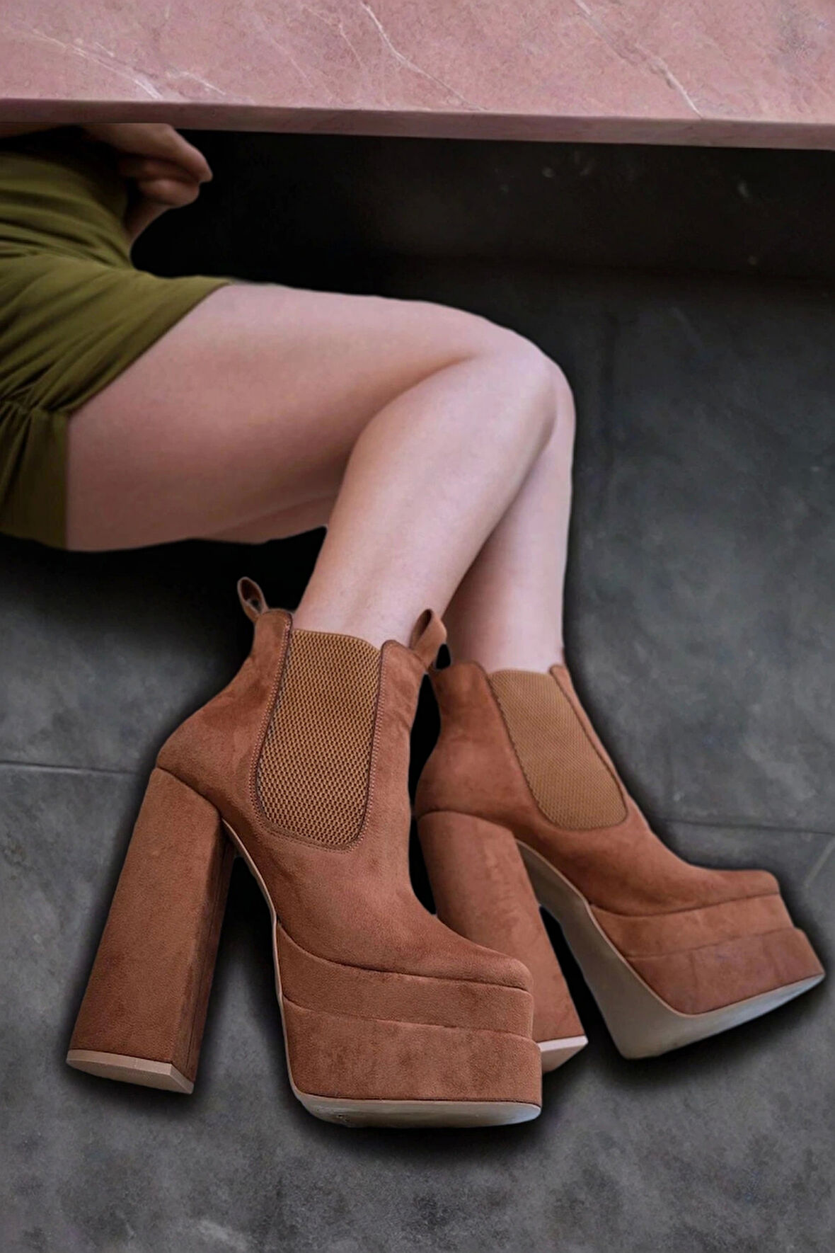 Stil Modern Kadın Haki Tasarım Çift Platform Ayakkabı Özel Tasarım Gündüz Gece Abiye Ayakkabı