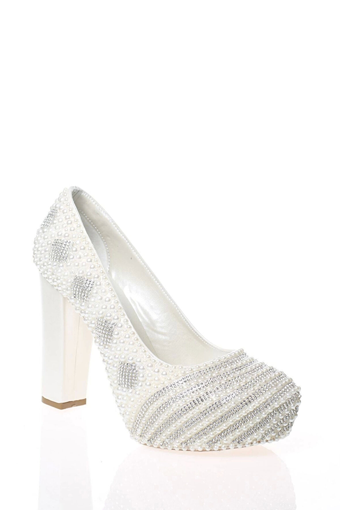 Kadın Moda Şık Sedef Inci Taş Işlemeli Gelin Ayakkabı Topuklu Düğün Nişan Gece Abiye Ayakkabısı