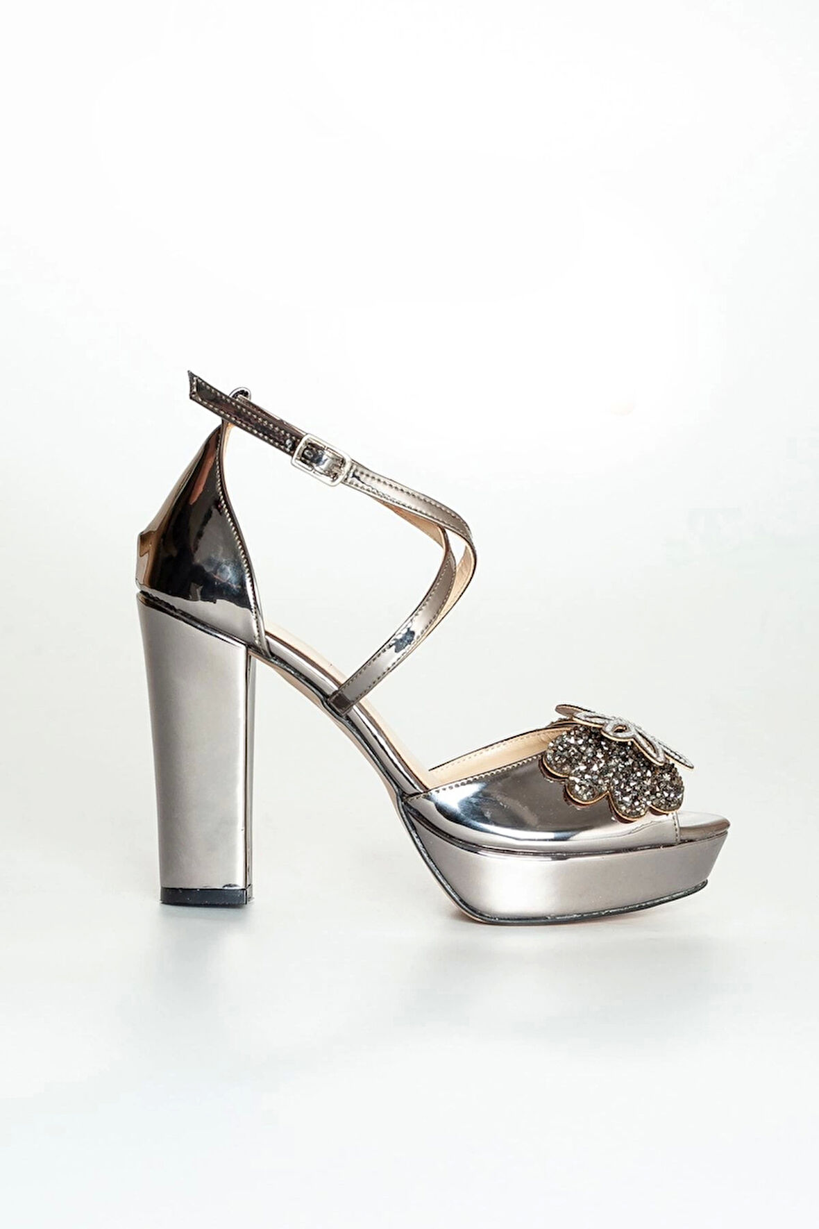 Kadın Moda Şık Platin Ayna Taşlı Topuklu Zarif Tasarım Düğün Nişan Gece Abiye Ayakkabısı