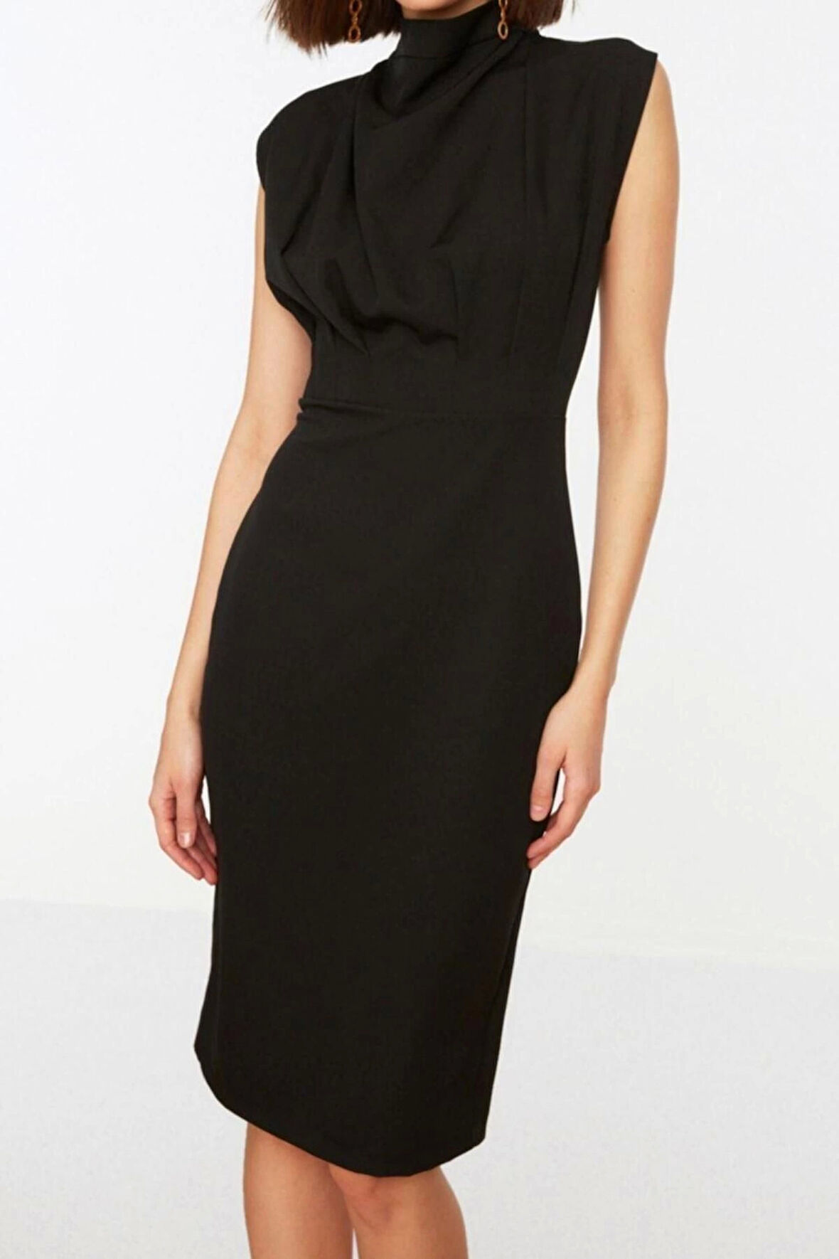 Yeni Slim Gündüz Gece Finike Dokuma Dik Yaka Kolsuz Kol Bodycone Midi Boy Elbise