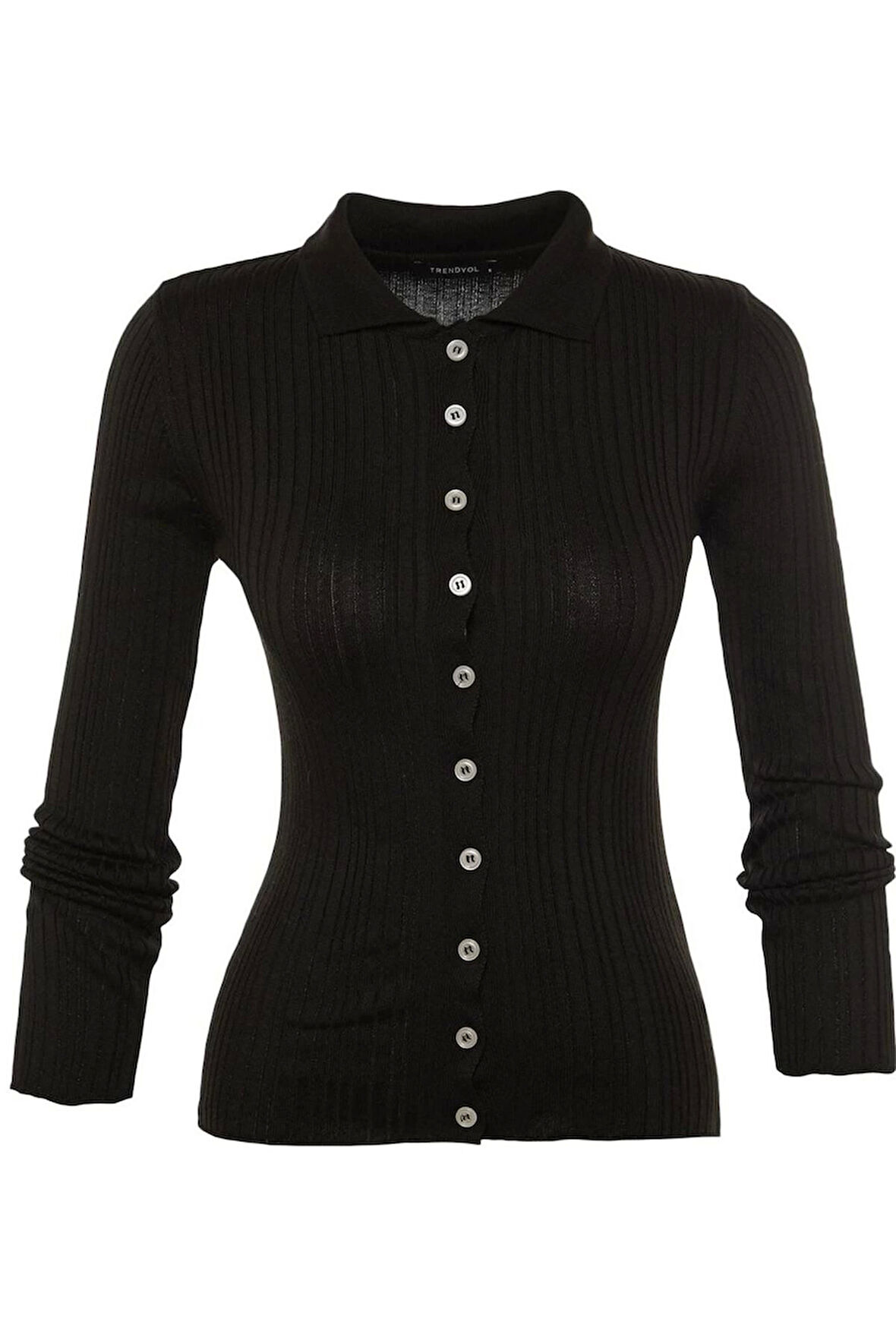 Kadın Moda Şık Regular Polo Yaka Slim Fitilli Polo Yaka Triko Hırka