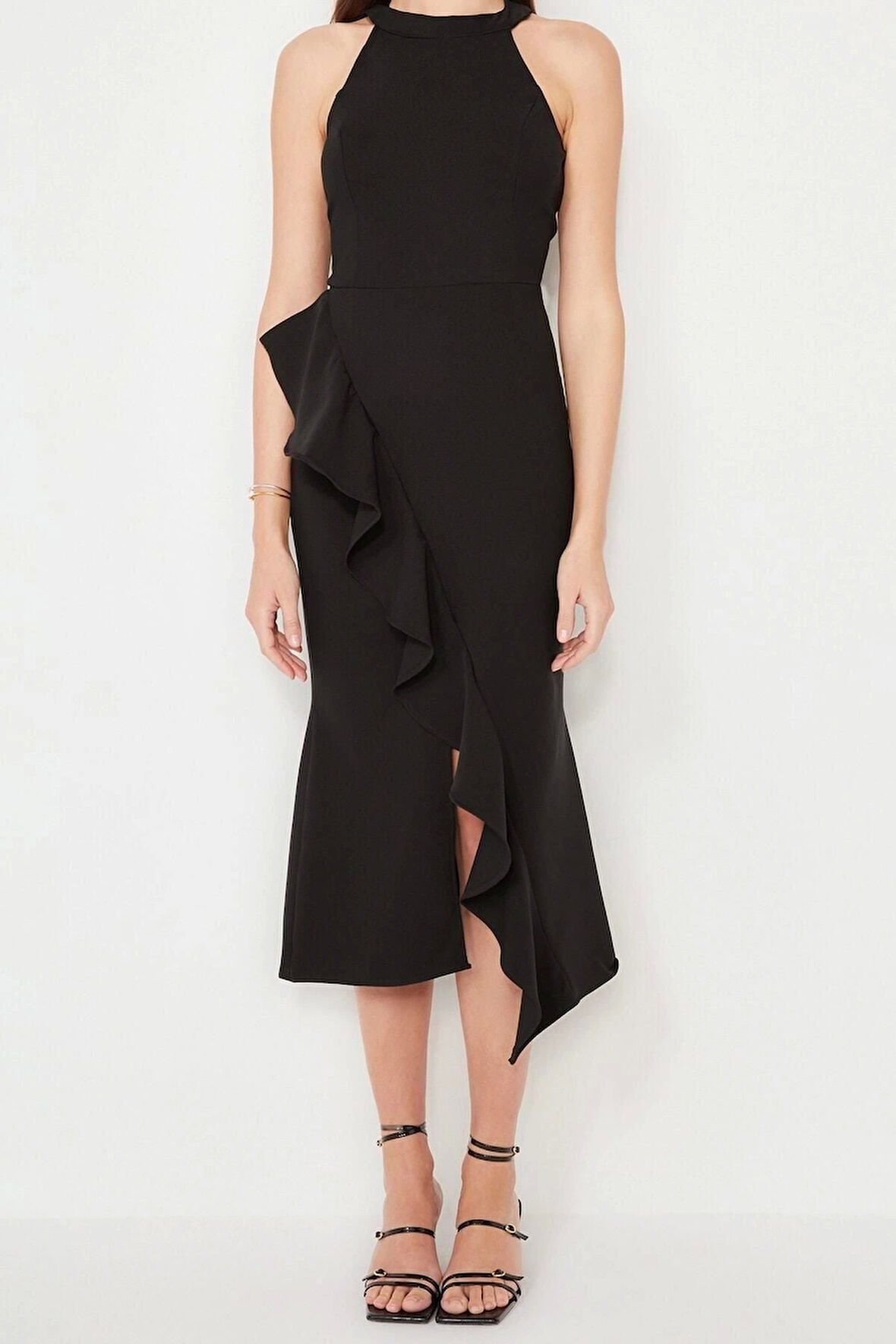 Yeni Fit Mezuniyet Balo Finike Dokuma Halter Yaka Kolsuz Kol Anvelop Midi Boy Elbise