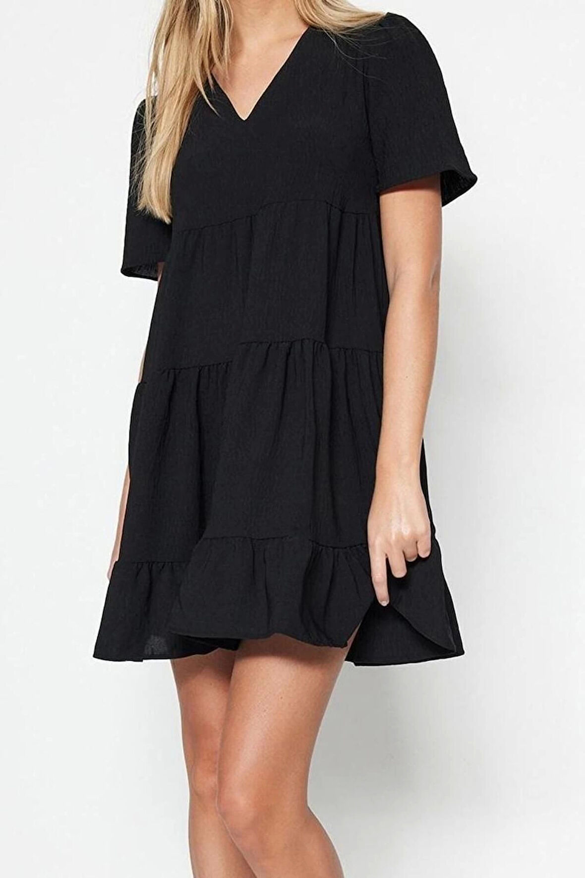 Yeni Regular Casual Günlük Aerobin Dokuma V Yaka Kısa Kol Shift Mini Boy Elbise