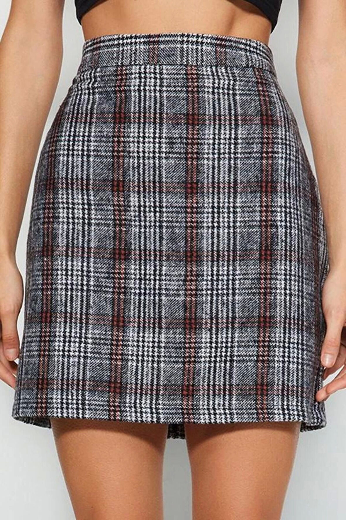 Kadın Moda Stil Mini Astarsız Dokuma Ekose Kaşe Kumaş Mini Dokuma Etek