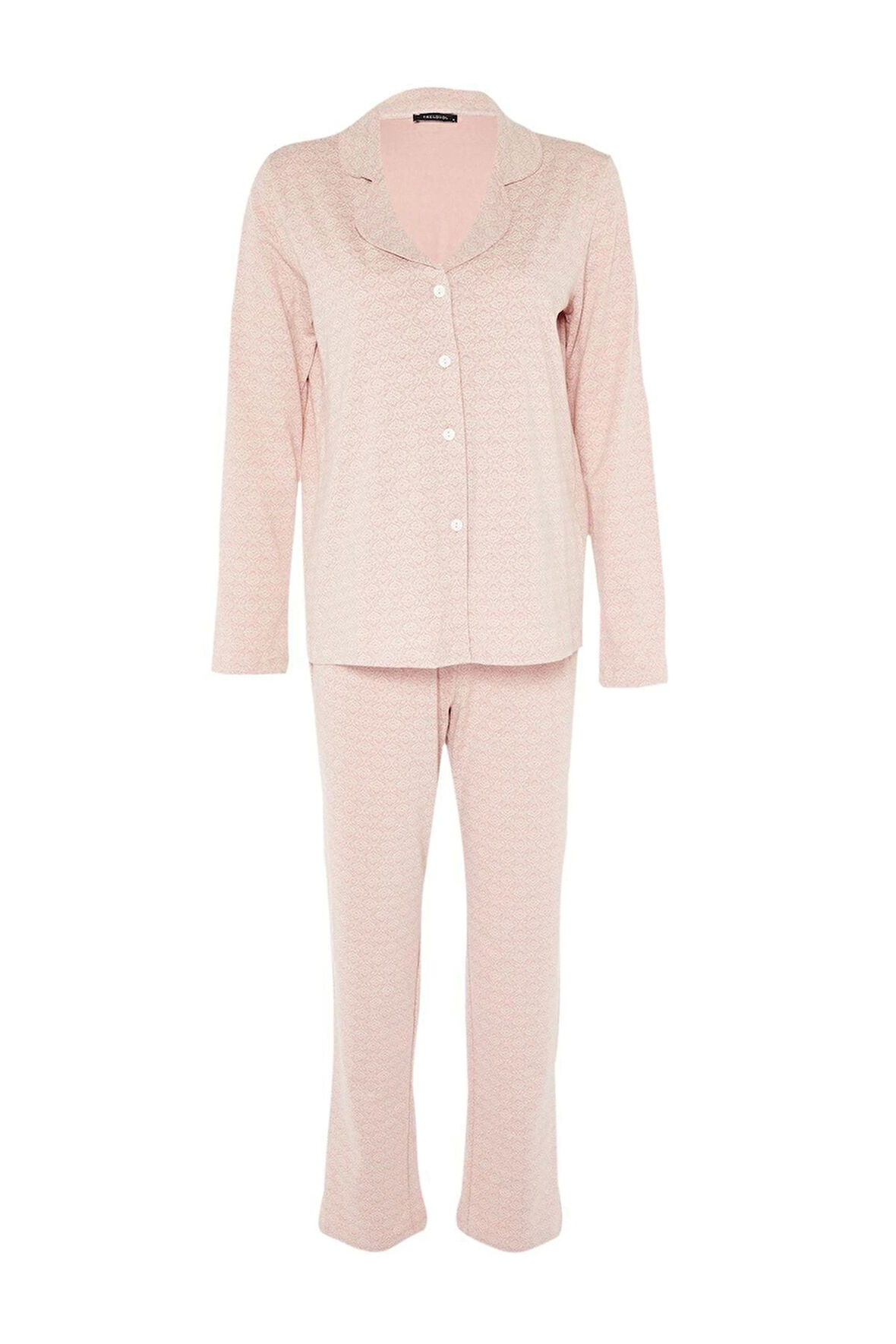 Kadın Moda Gömlek Yaka Boru Paça Uzun Kol %100 Pamuklu Baskılı Gömlek-Pantolon Örme Pijama Takımı