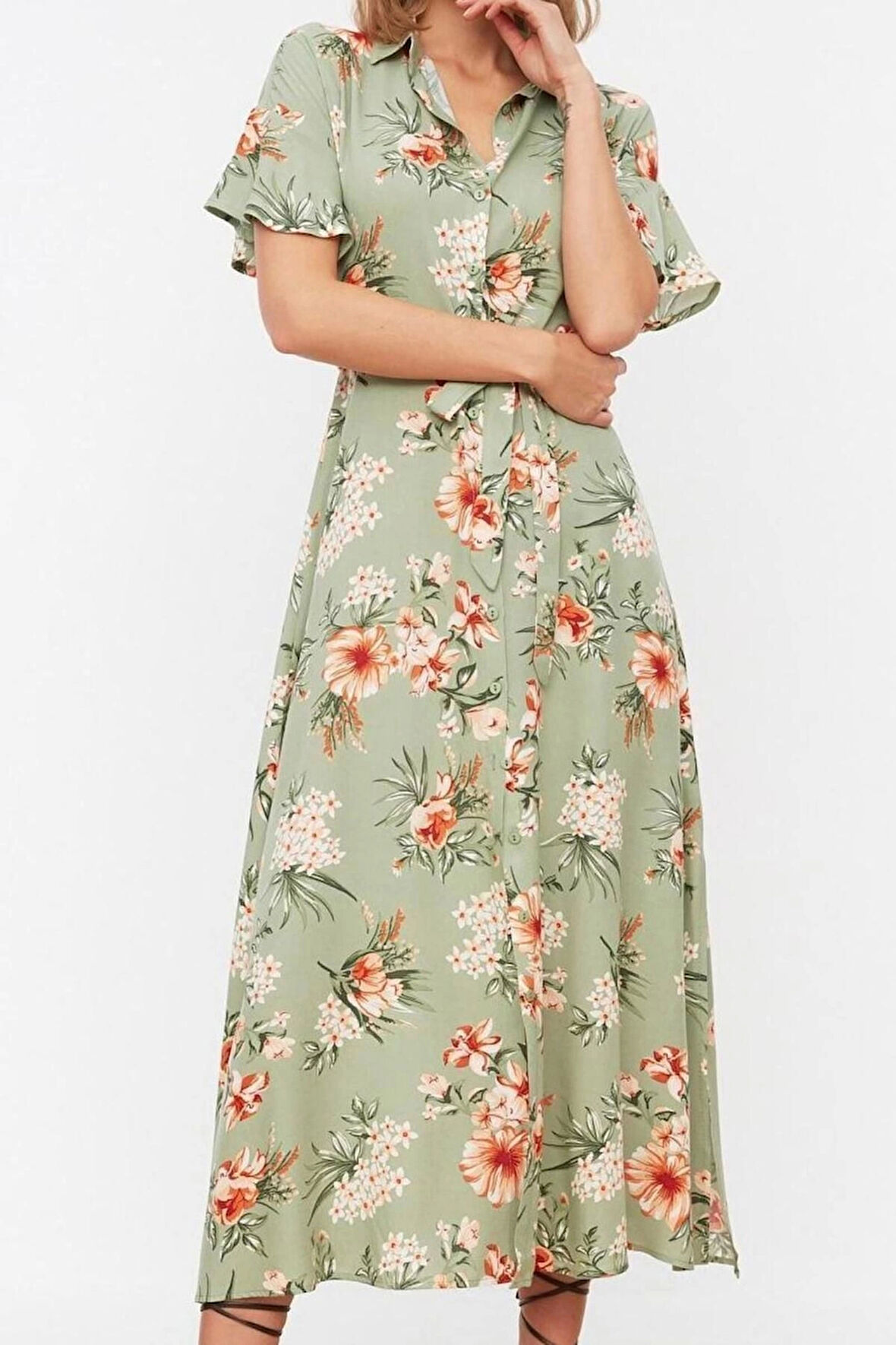 Yeni Regular Casual Günlük Shally Dokuma Gömlek Yaka Kısa Kol Gömlek Elbise Midi Boy Elbise