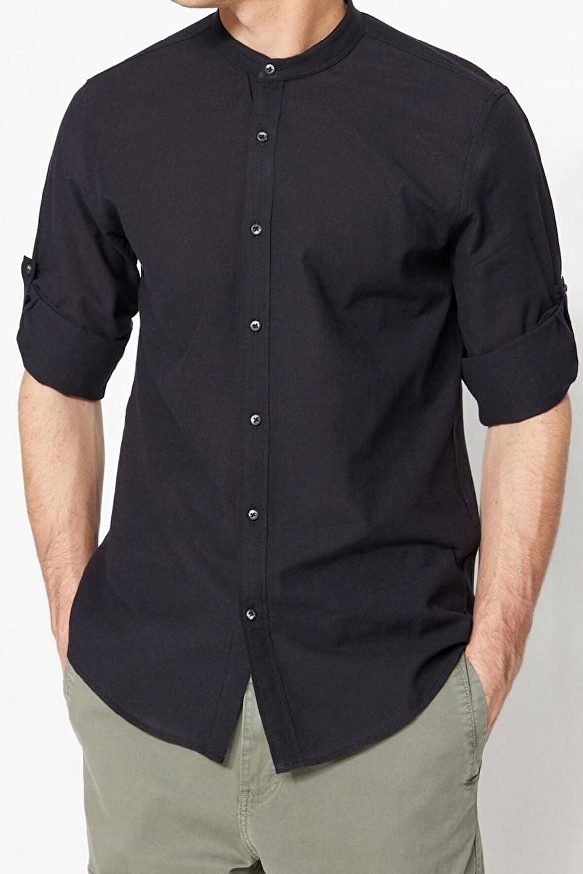 Erkek Moda Uzun Kol Dokuma Koyu Lacivert Slim Fit Basic Hakim Yaka Apoletli %100 Pamuklu Gömlek
