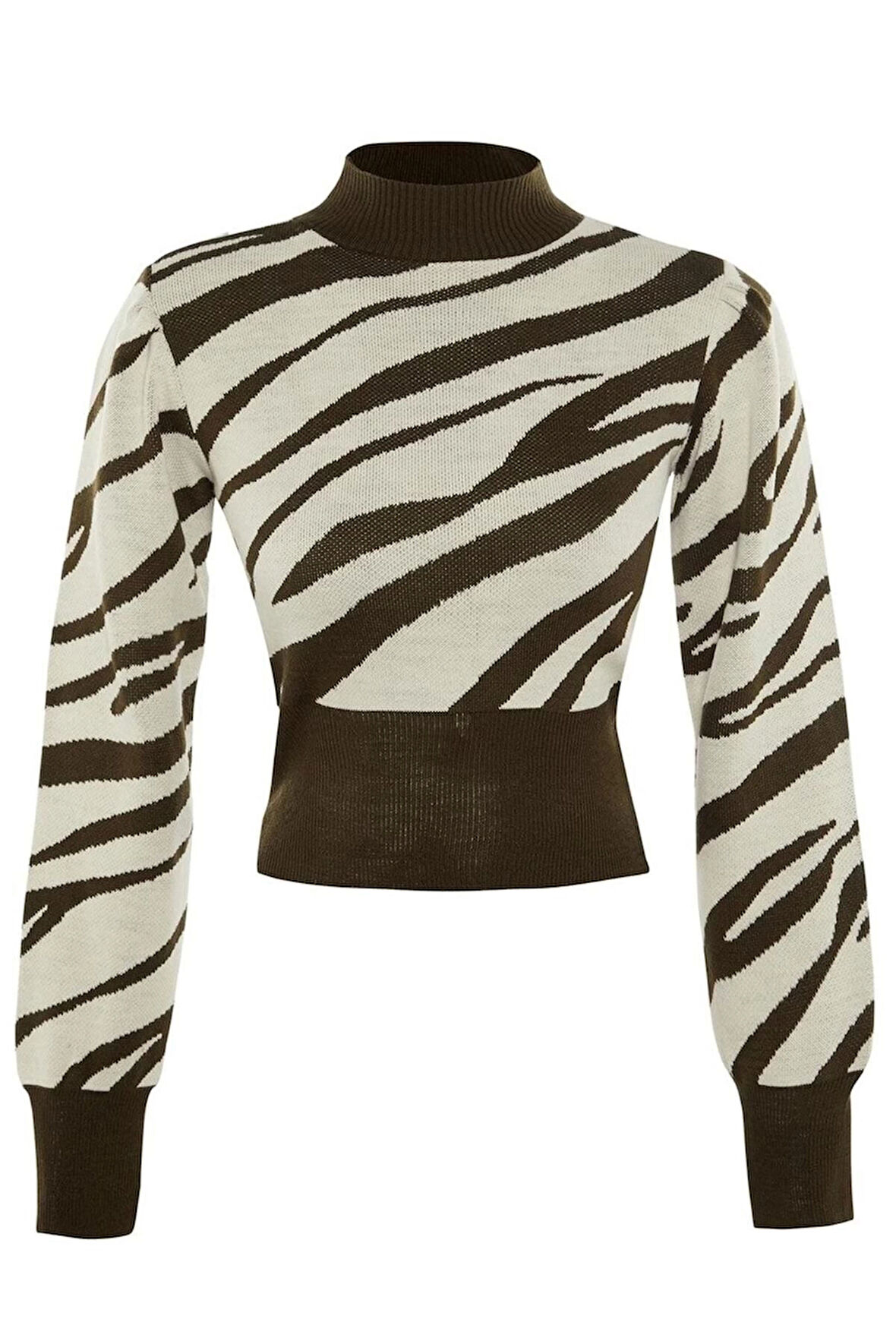 Kadın Moda Şık Crop Dik Yaka Uzun Kol Zebra Zebra Desenli Crop Triko Kazak