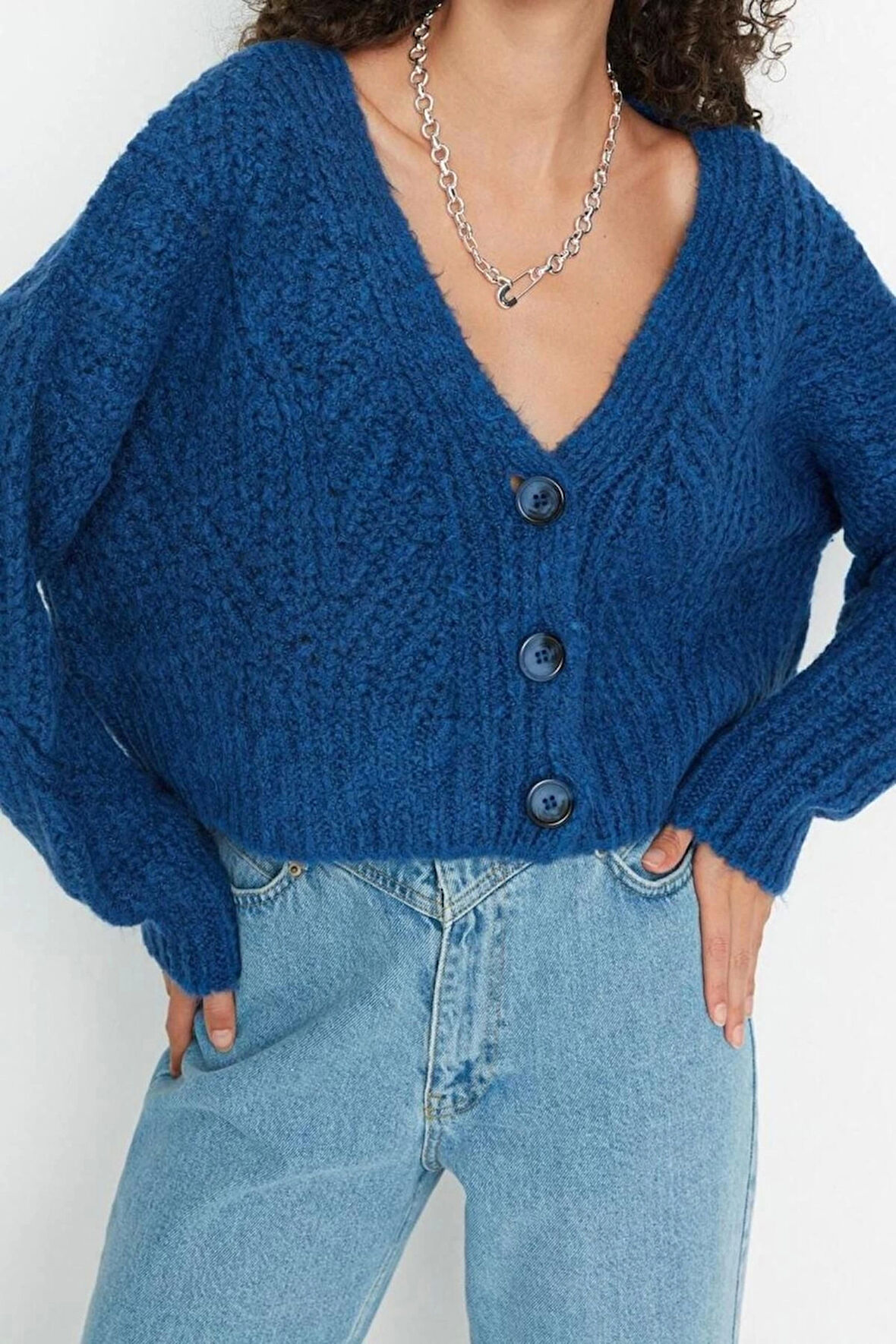 Kadın Moda Şık Crop V Yaka Regular Crop Yumuşak Dokulu Triko Hırka