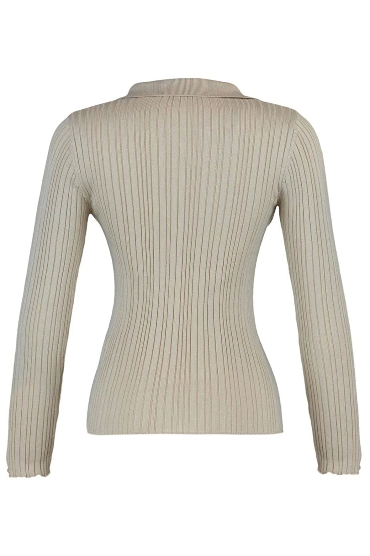 Kadın Moda Şık Regular Polo Yaka Slim Fitilli Polo Yaka Triko Hırka