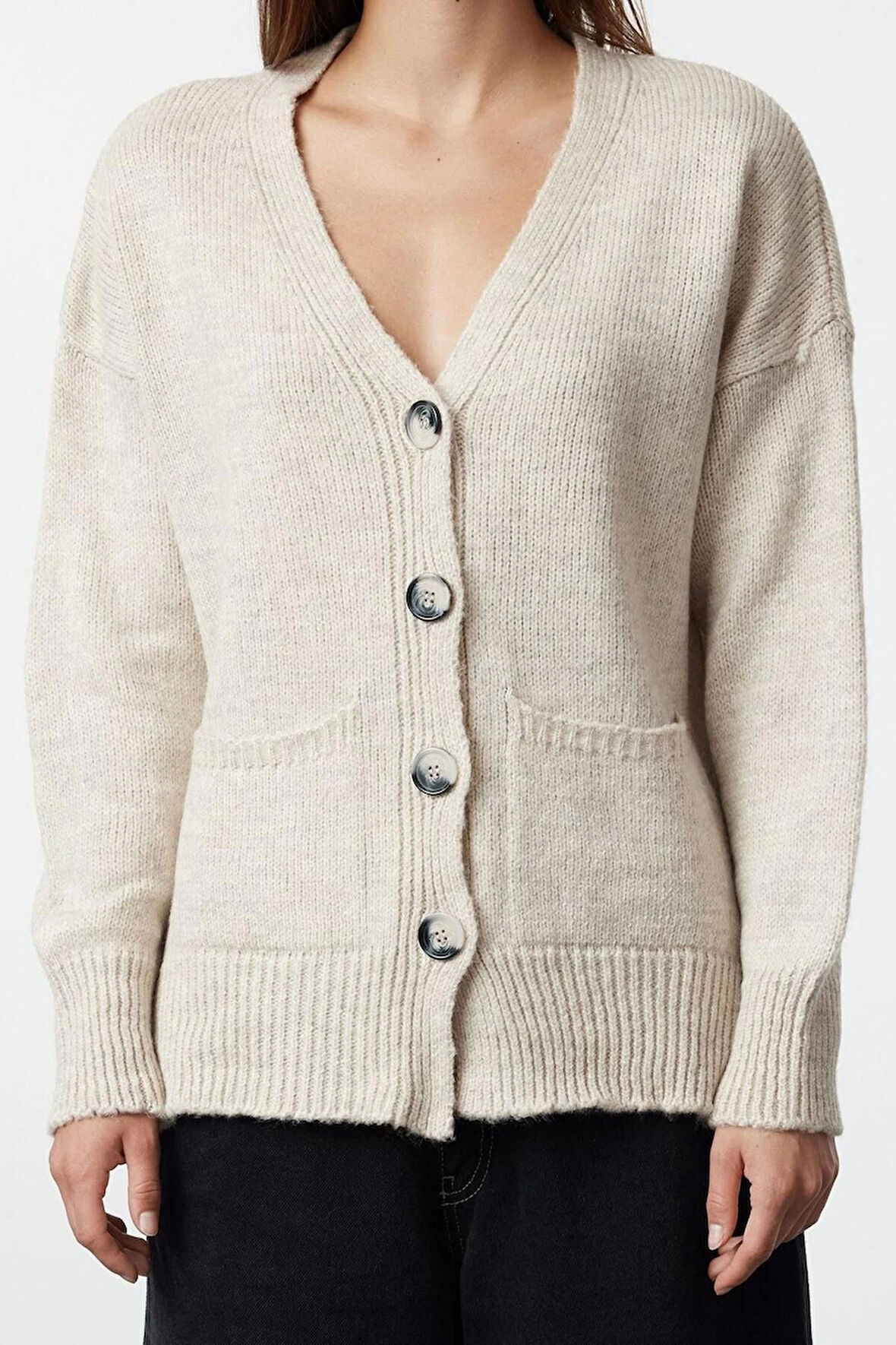 Kadın Moda Şık Regular V Yaka Regular Basic Yumuşak Dokulu Triko Hırka