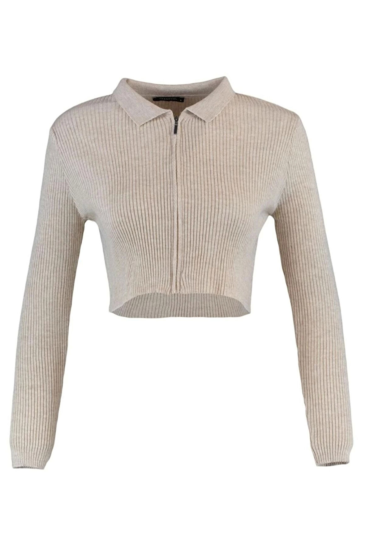 Kadın Moda Şık Crop Polo Yaka Slim Crop Fermuarlı Triko Hırka