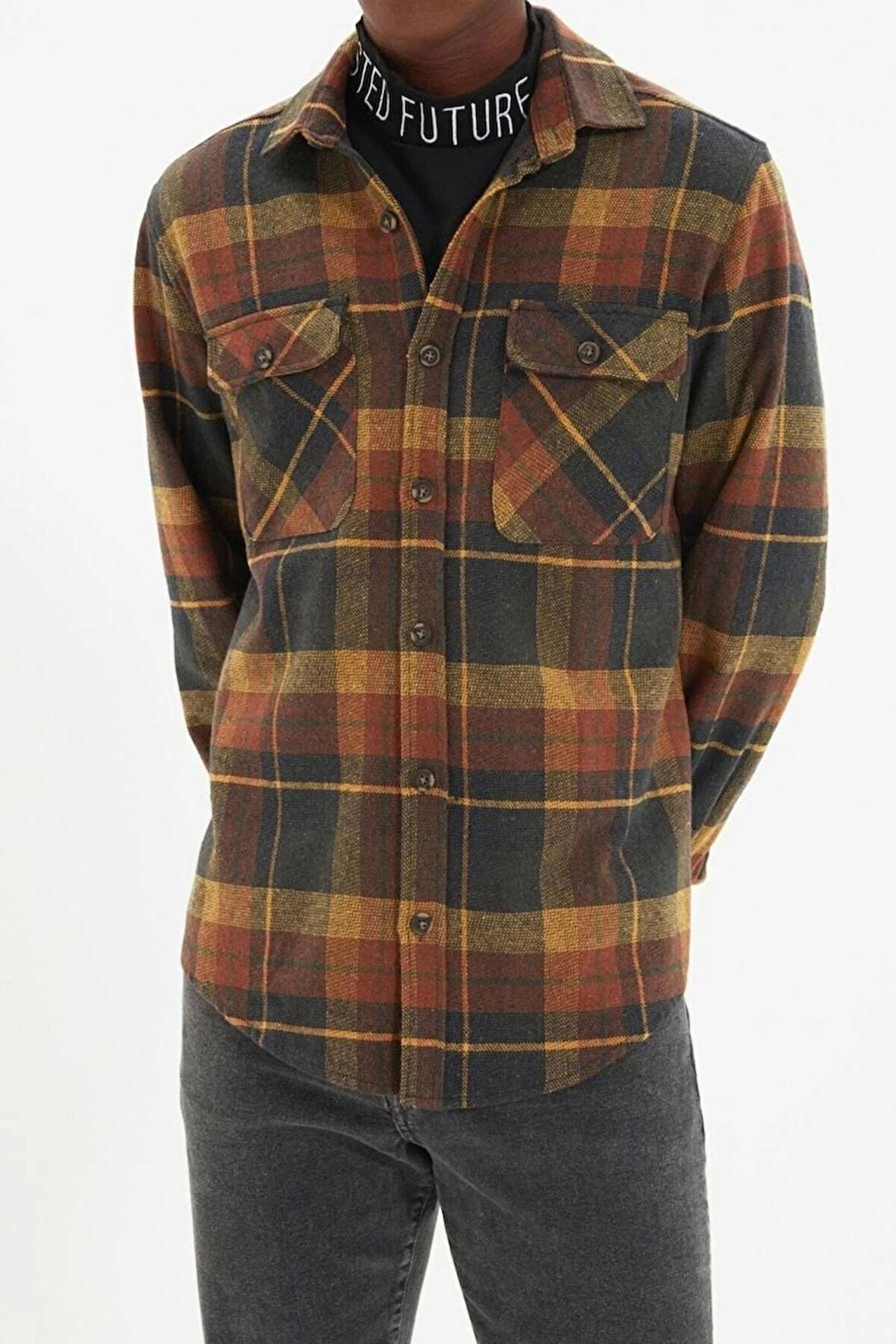 Erkek Moda Uzun Kol Dokuma Bordo Çift Cep Kapaklı Regular Fit Kışlık Oduncu Kareli Gömlek