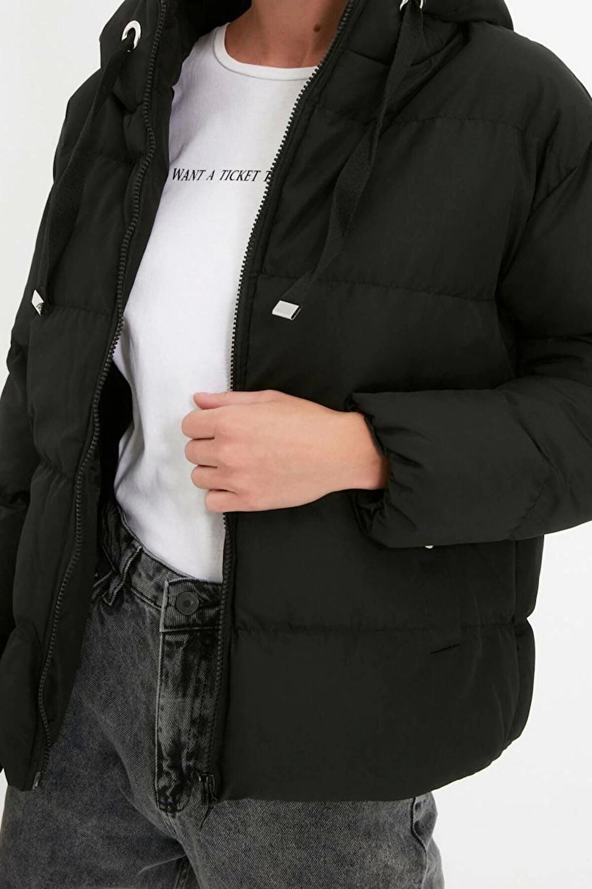 Kadın Moda Şık Regular Kapüşonlu Yaka Standart Düz Astarlı Kapüşonlu Su İtici Şişme Anorak Mont