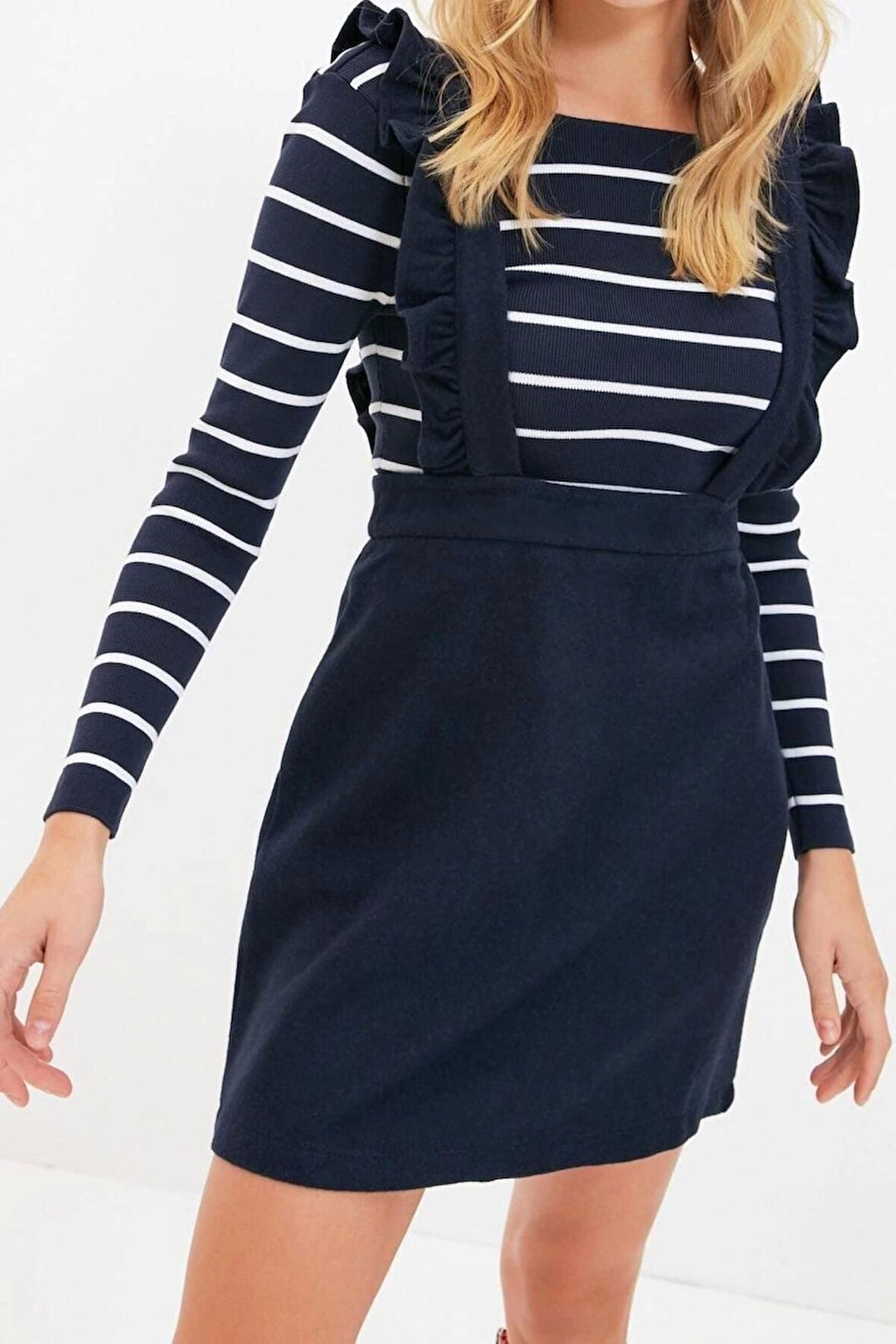 Yeni Regular Casual Günlük Flanel Dokuma Kare Yaka Askılı Kol Jile Mini Boy Elbise