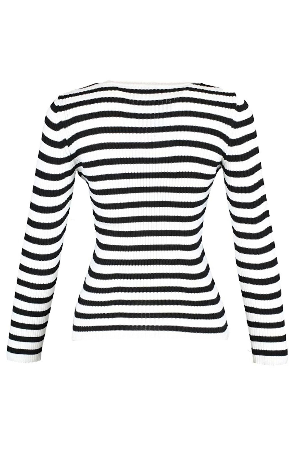 Kadın Moda Şık Regular Bisiklet Yaka Uzun Kol Çizgili Basic Triko Kazak