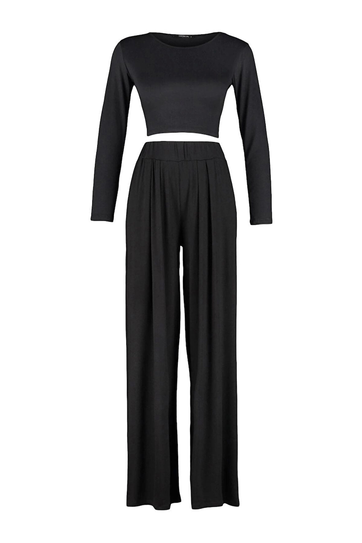 Kadın Moda Şık Bisiklet Yaka Geniş Paça Uzun Kol Viskon Örme Pijama Takımı