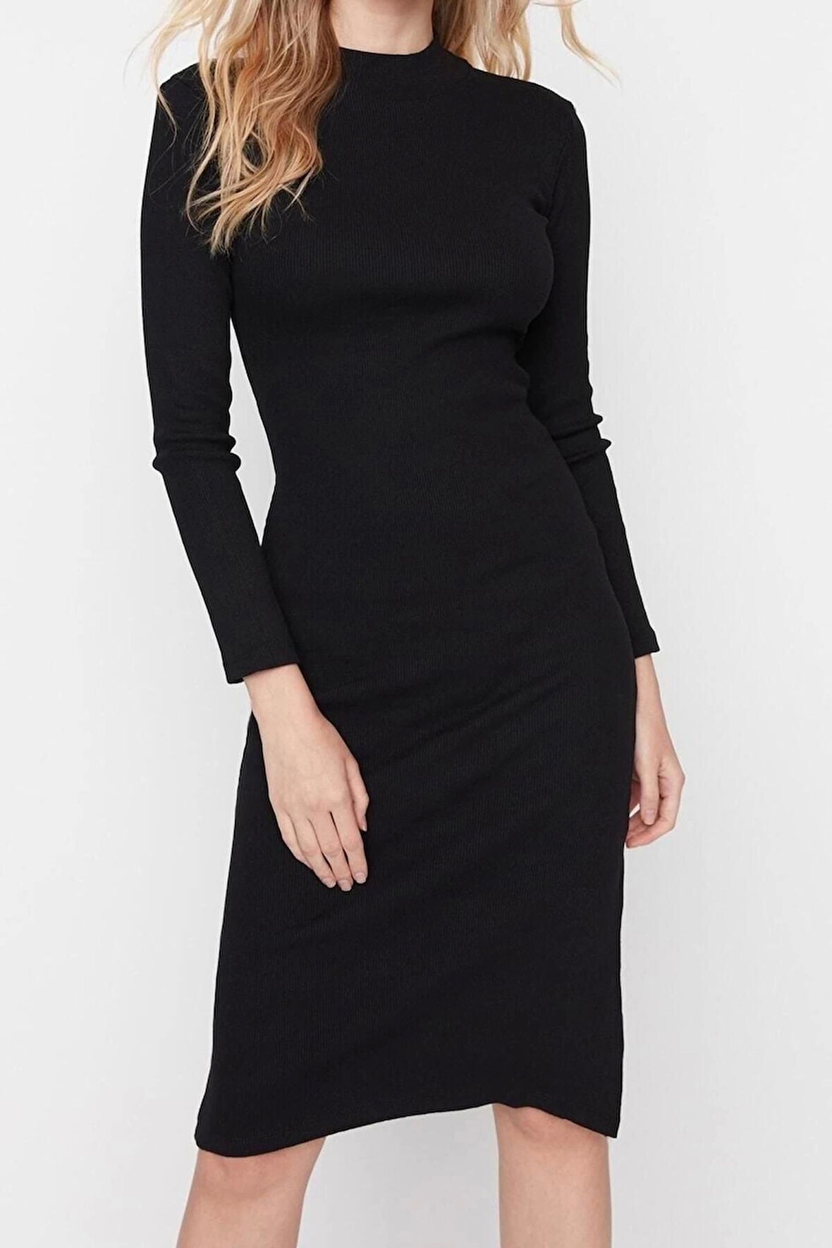 Yeni Slim Casual Günlük Rejenere Kaşkorse Dokuma Dik Yaka Uzun Kol Bodycone Mini Boy Elbise