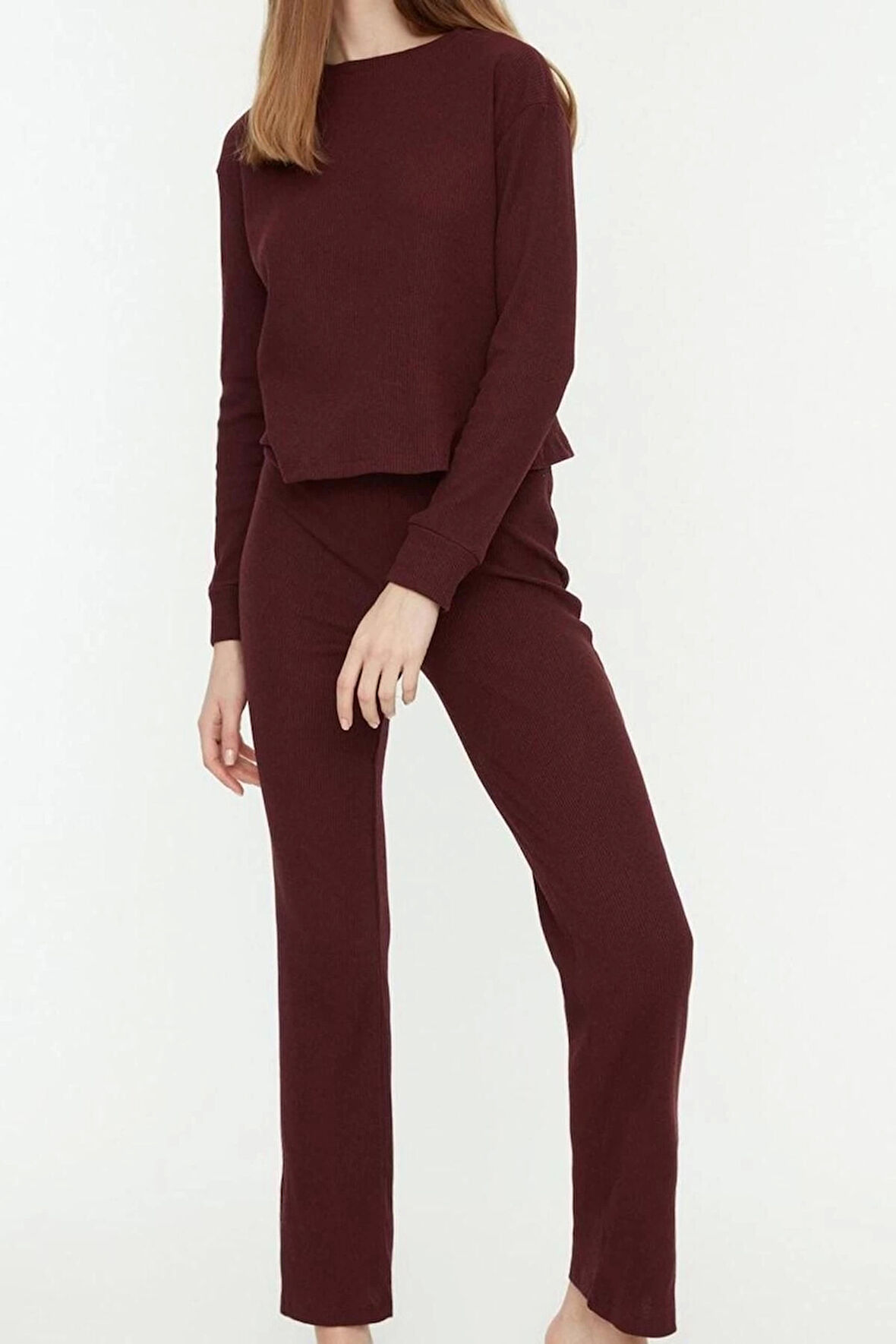 Kadın Moda Şık Bisiklet Yaka Boru Paça Uzun Kol Fitilli Örme Pijama Takımı