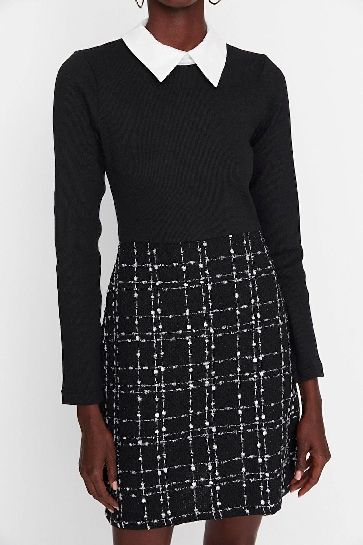 Yeni Regular Casual Günlük Tüvit Dokuma Gömlek Yaka Uzun Kol A-Line Mini Boy Elbise