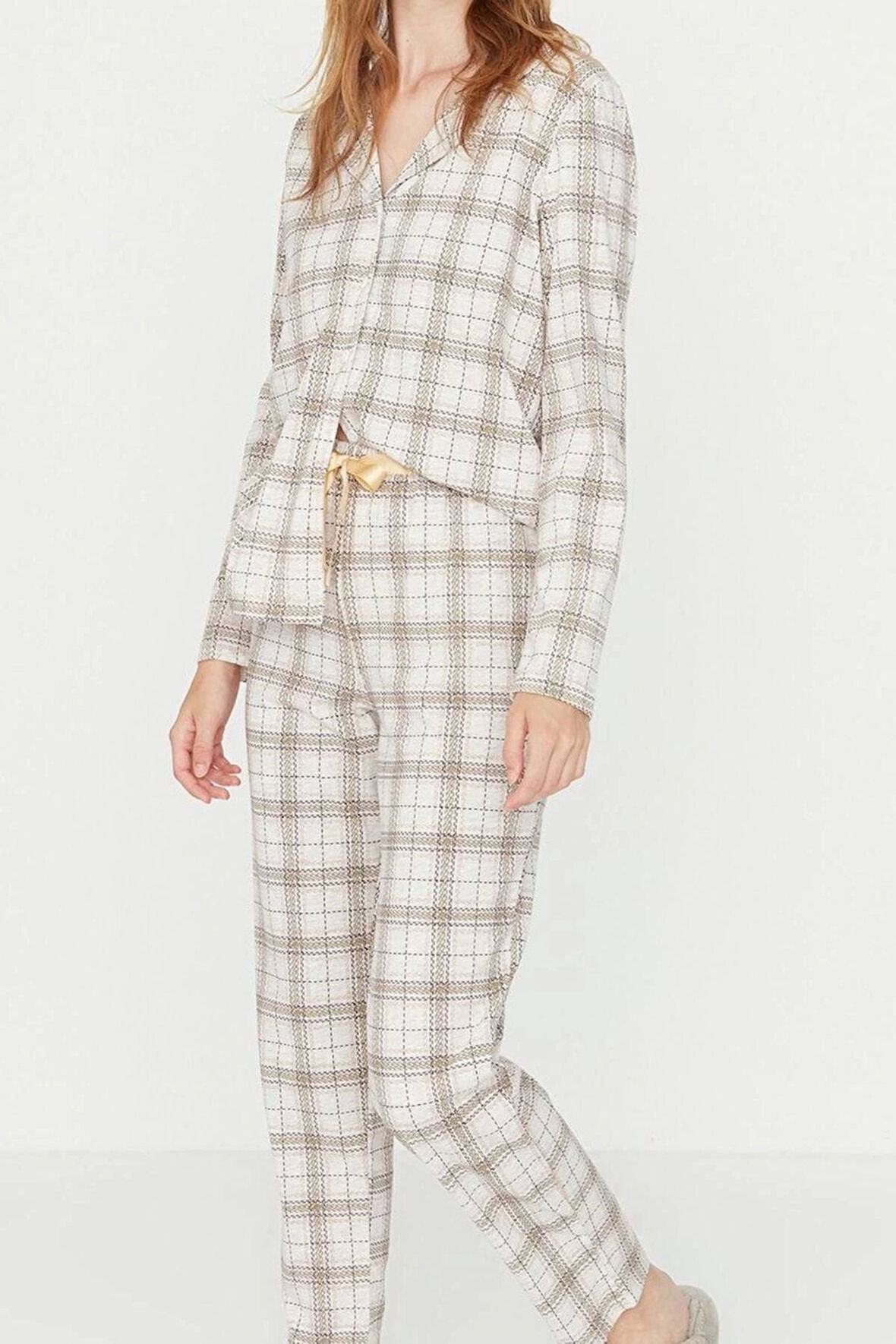 Kadın Moda Şık Gömlek Yaka Boru Paça Uzun Kol %100 Pamuklu Ekoseli Örme Pijama Takımı