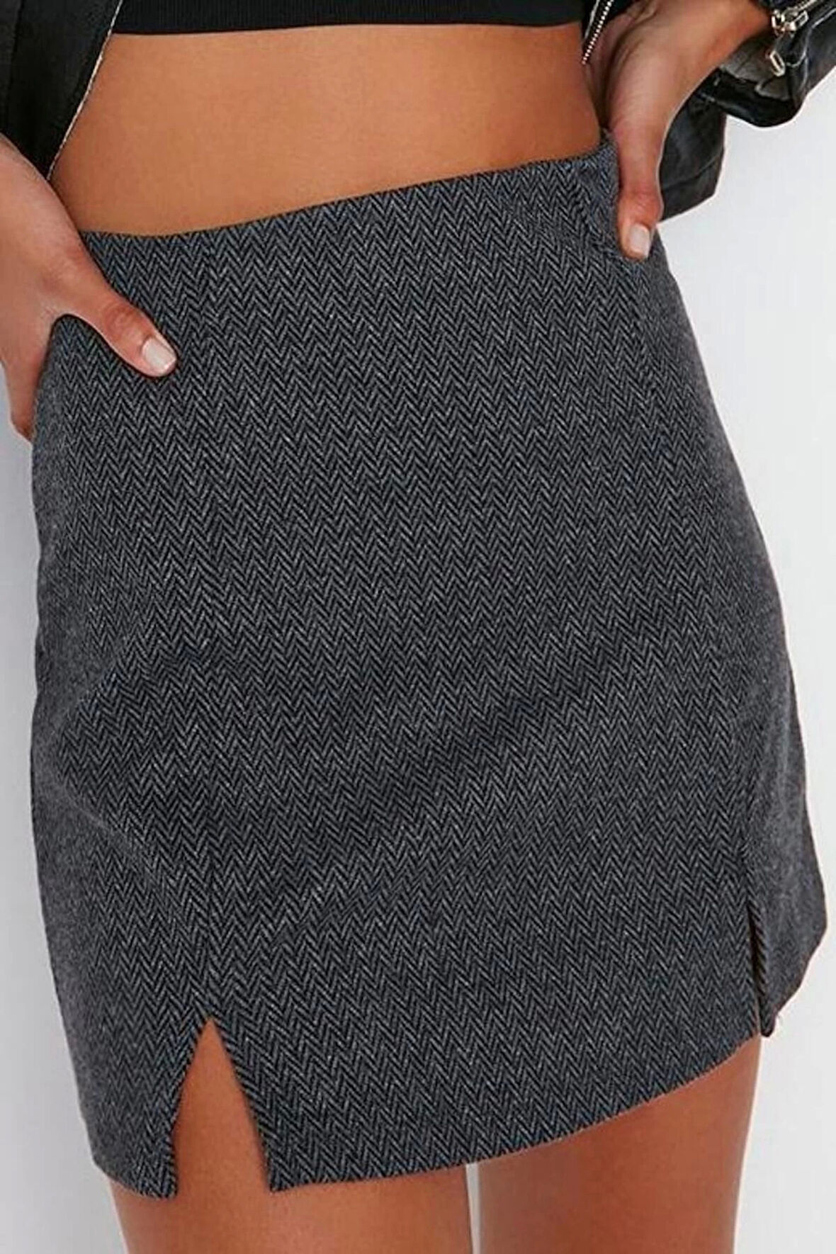 Kadın Moda Stil Mini Astarsız Örme Yırtmaç Detaylı Mini Normal Bel Örme Etek