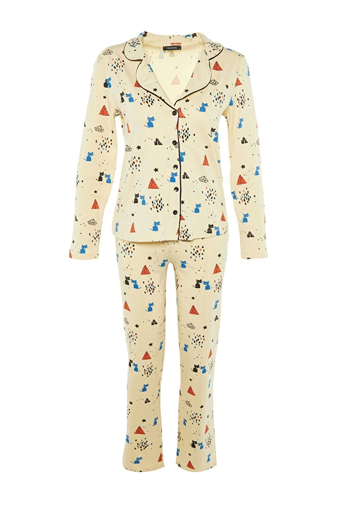 Kadın Moda Şık Gömlek Yaka Boru Paça Uzun Kol %100 Pamuklu Desenli Örme Pijama Takımı