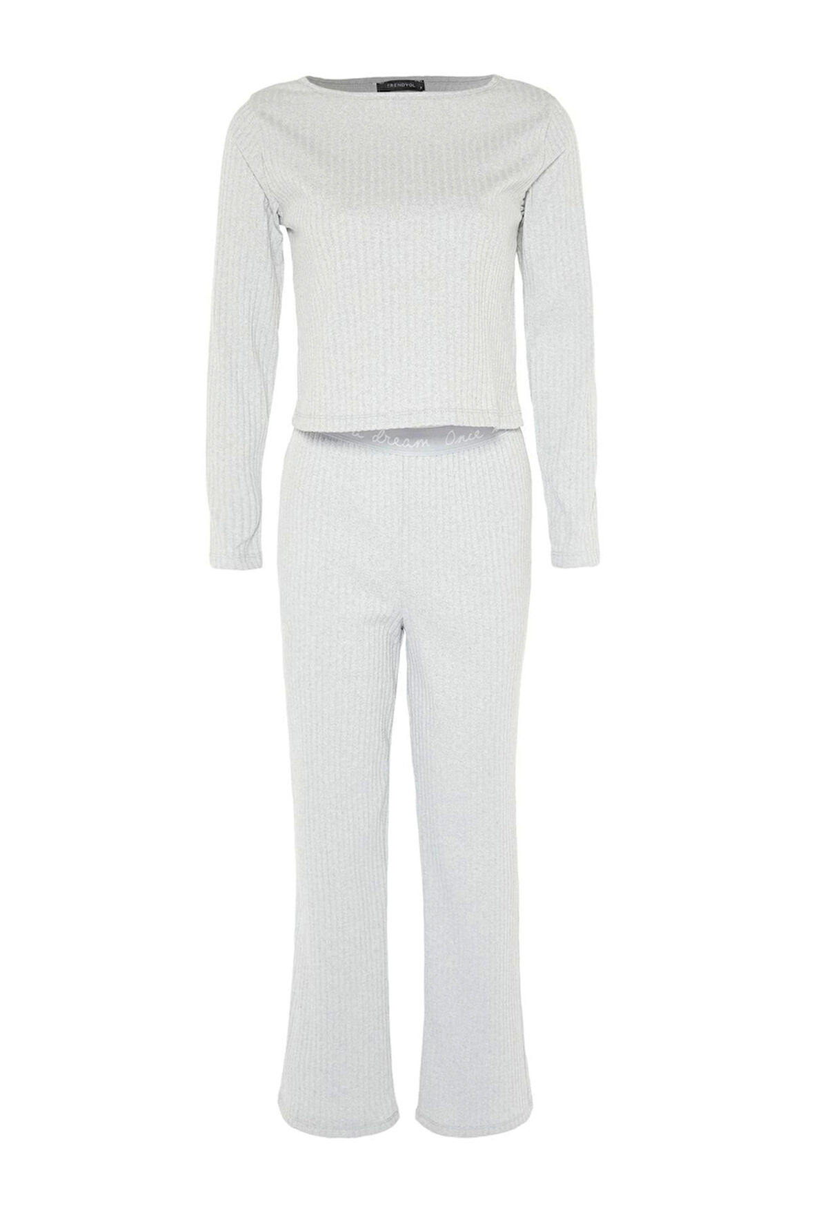 Kadın Moda Şık Bisiklet Yaka Geniş Paça Uzun Kol Lastikli Fitilli Örme Pijama Takımı