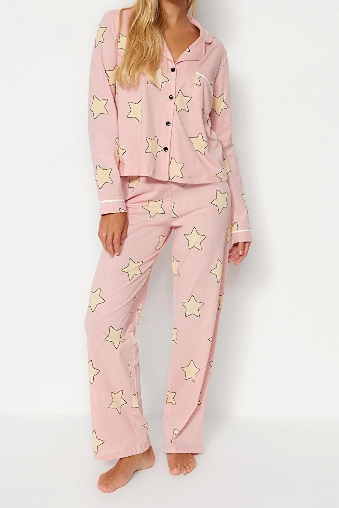 Kadın Moda Şık Gömlek Yaka Boru Paça Uzun Kol %100 Pamuklu Yıldız Desenli Örme Pijama Takımı