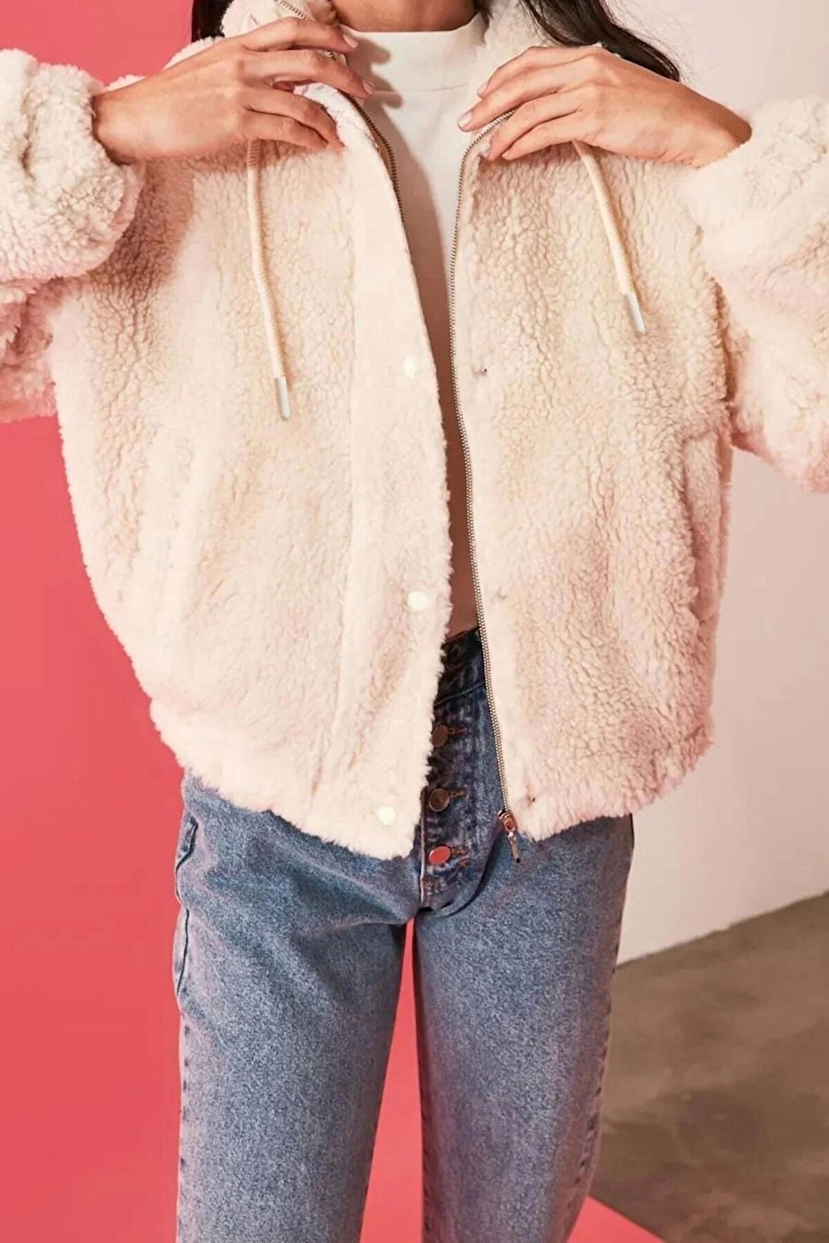 Kadın Moda Şık Oversize Dik Yaka Standart Düz Astarlı Oversize Peluş Mont