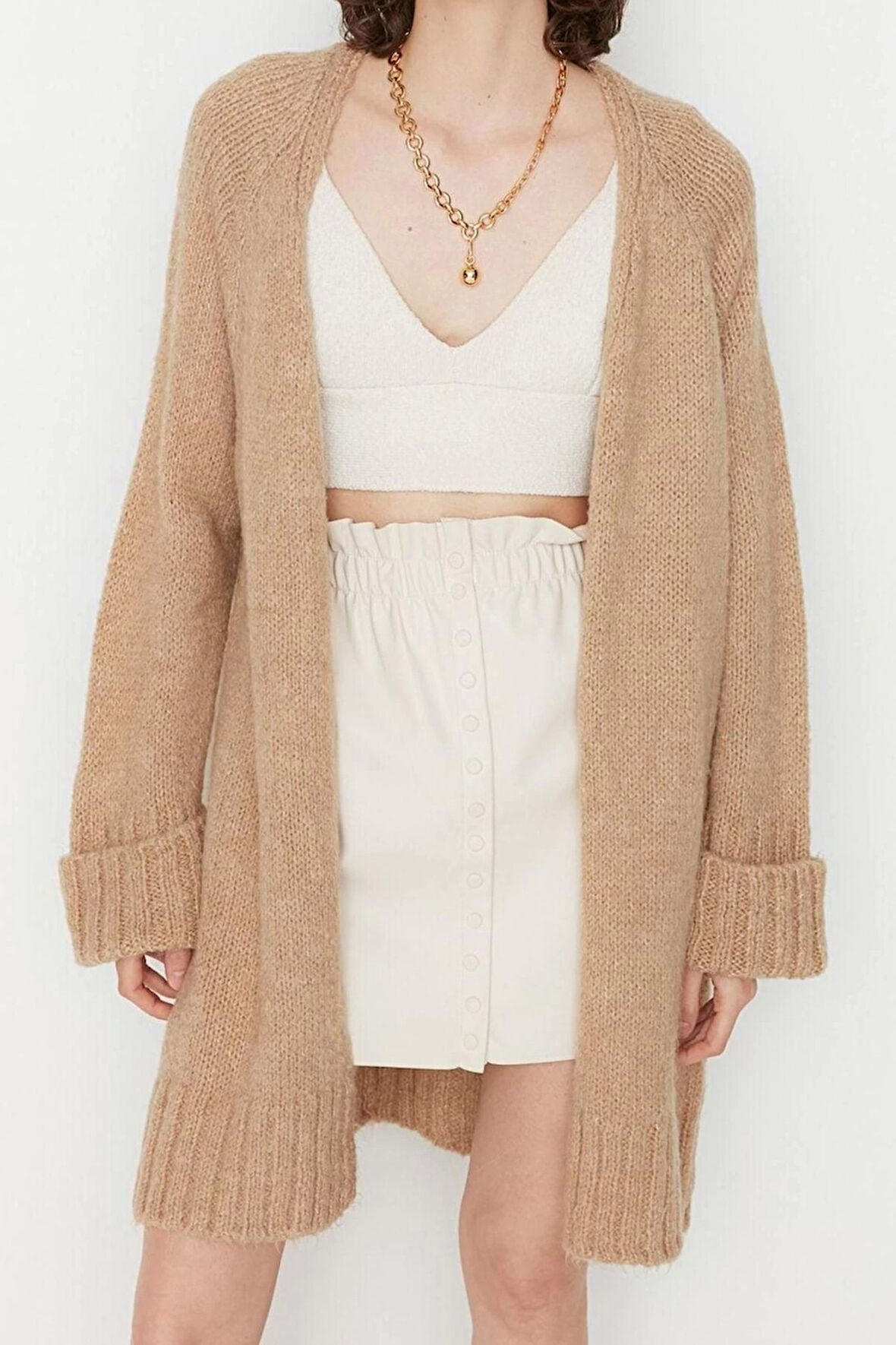 Kadın Moda Şık Midi V Yaka Uzun Kol Düz Geniş Kalıp Yumuşak Dokulu Triko Hırka