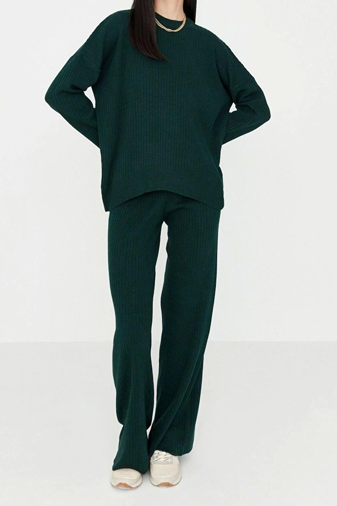 Kadın Moda Şık Boru Paça Regular Boy Uzun Kollu Basic Bisiklet Yaka Triko Alt-Üst Takım