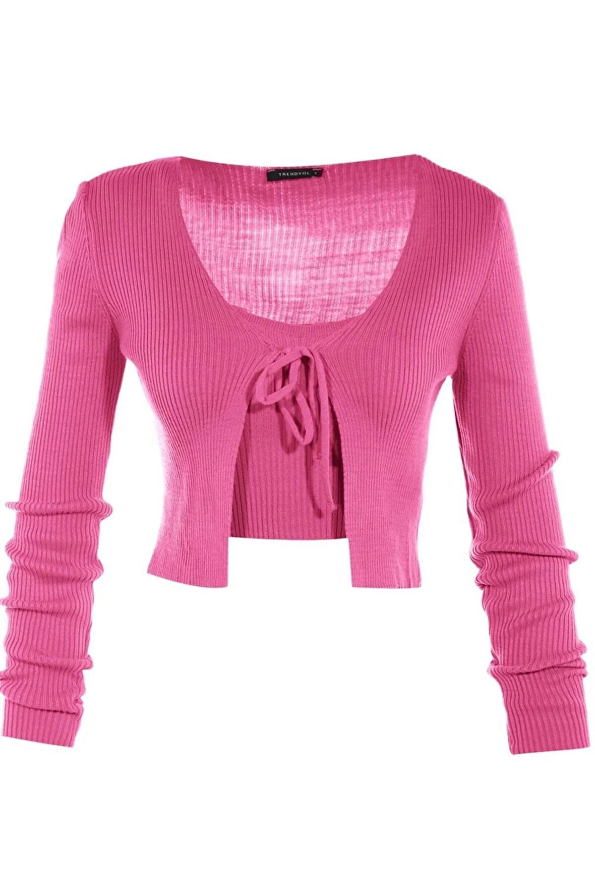 Kadın Moda Şık Crop V Yaka Slim Crop Bağlama Detaylı Bluz-Hırka Triko Takım