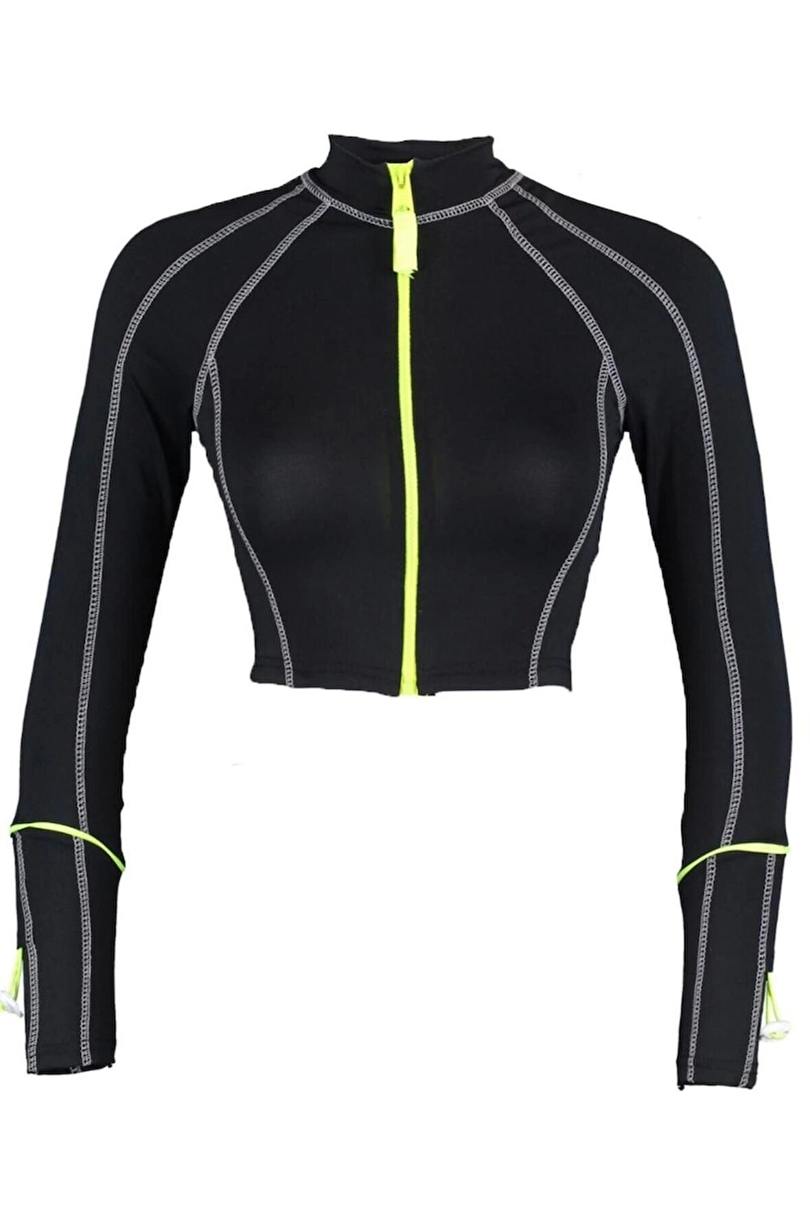 Kadın Moda Şık Üst Giyim Crop Dik Yaka Reglan Kol Fitted Kalıp Örme Fermuarlı Spor Üst Bluz