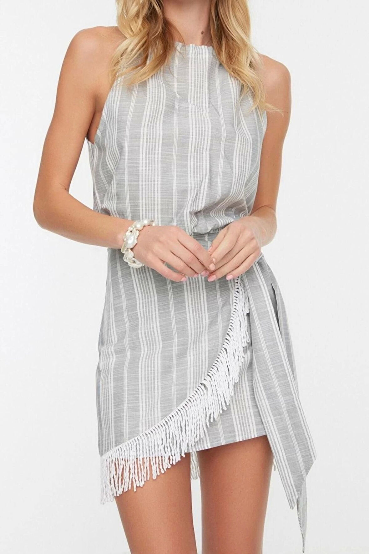 Kadın Moda Şık Geniş Paça Kısa Boy Uzun Kollu Çizgili Dokuma Püsküllü Bluz Etek Takım