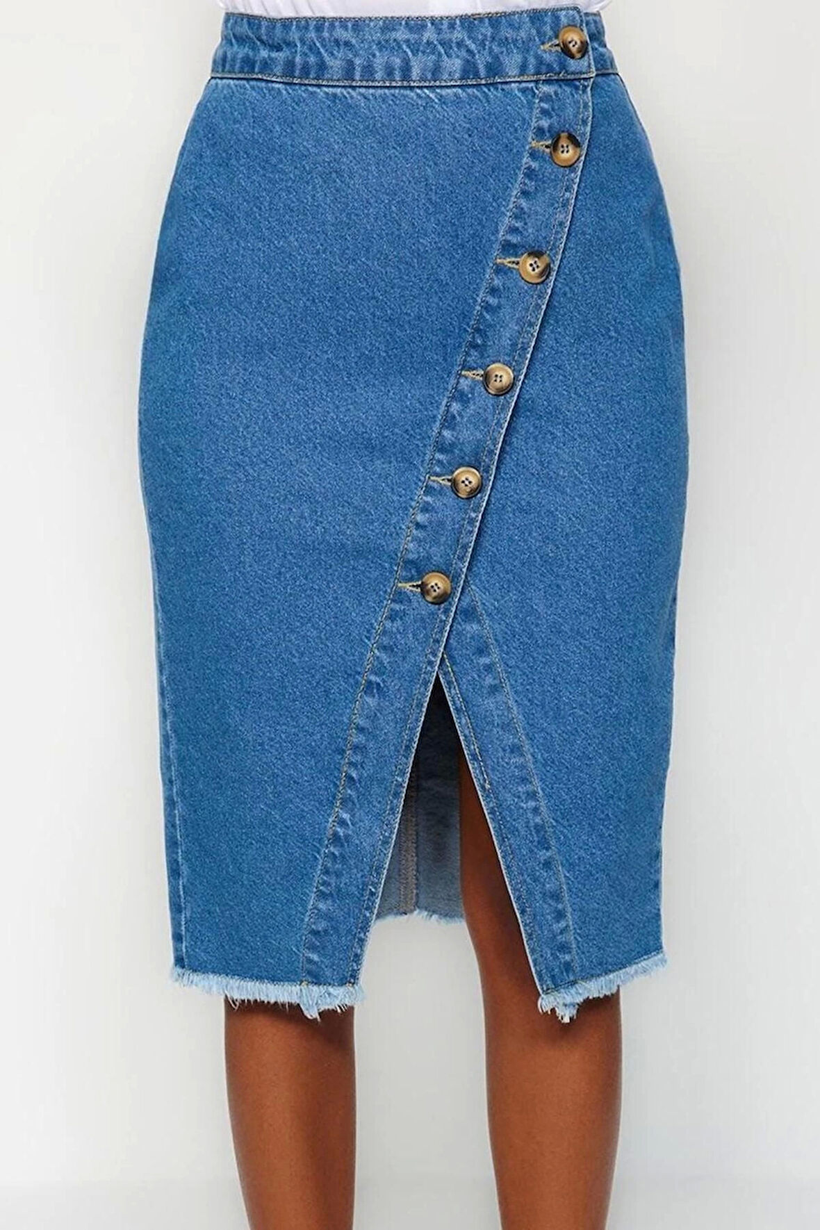 Kadın Moda Stil Midi Astarsız Denim Düğme Detaylı Yırtmaçlı Midi Denim Etek