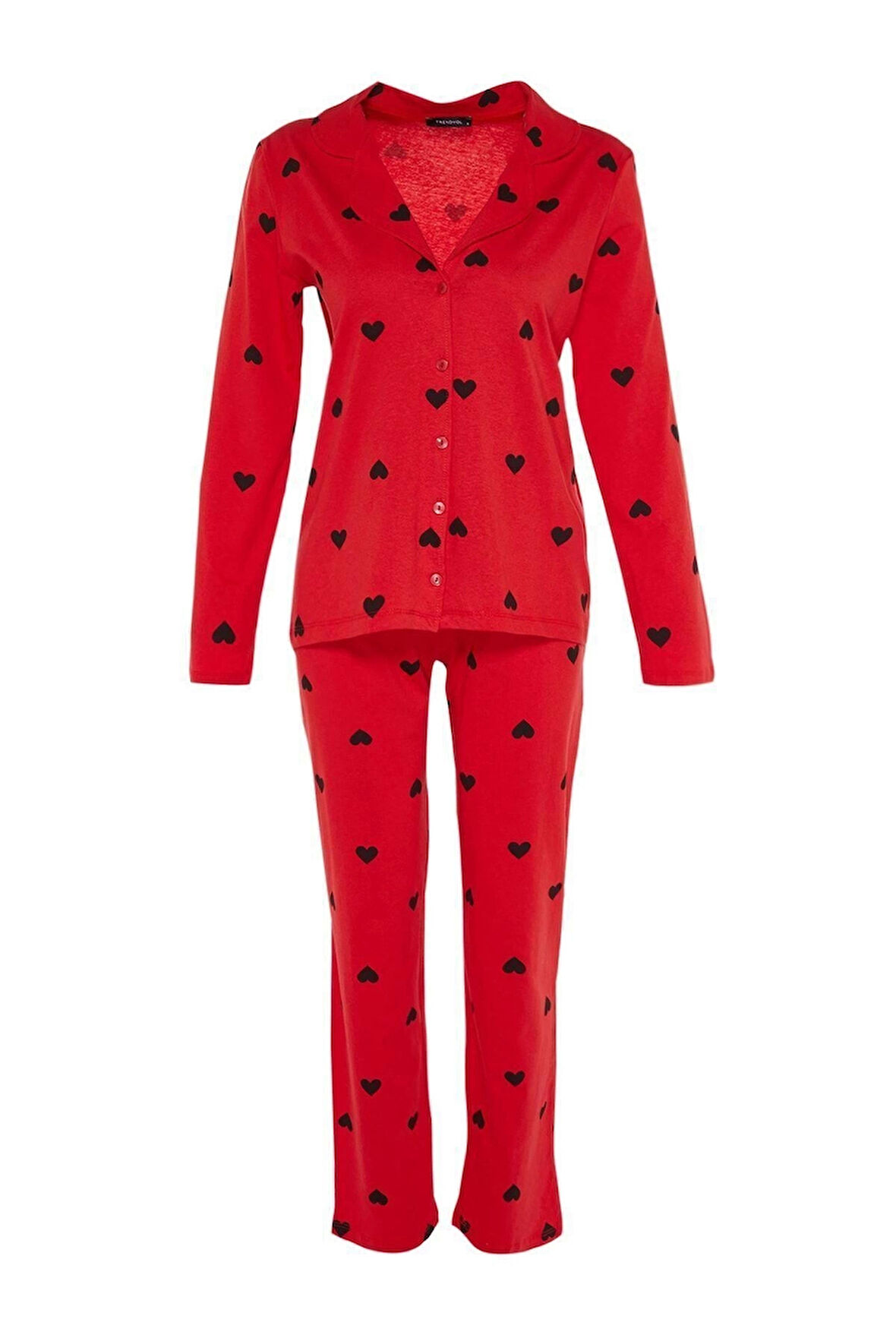 Kadın %100 Pamuk Ceket Yaka Uzun Kol %100 Pamuk Kalp Desenli Gömlek-Pantolon Örme Pijama Takımı