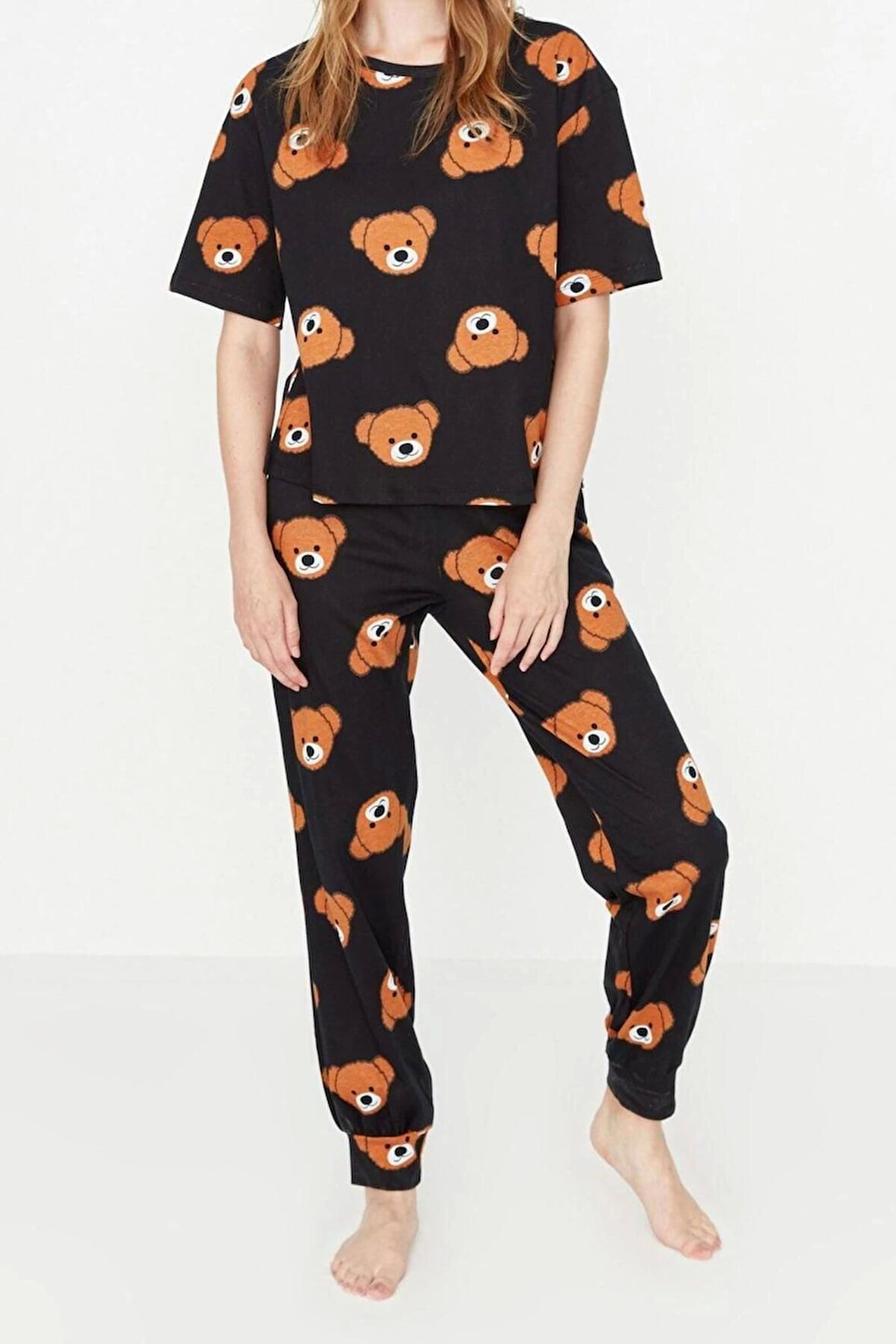 Kadın %100 Pamuk Bisiklet Yaka Kısa Kol Ayıcık Desenli T-shirt-Pantolon Örme Pijama Takımı
