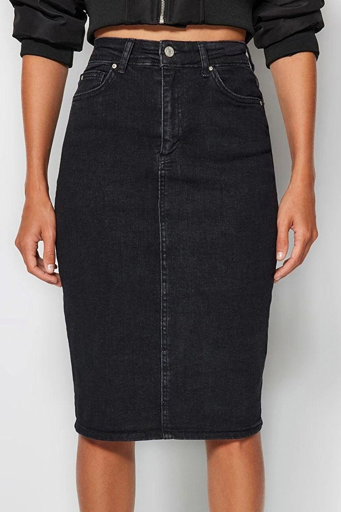 Kadın Moda Stil Midi Astarsız Denim Yüksek Bel Midi Kalem Denim Etek