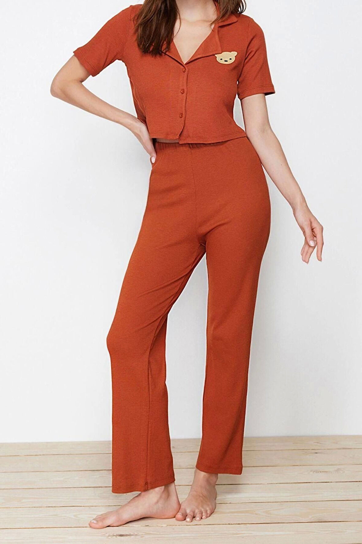 Kadın Polyester Gömlek Yaka Kısa Kol Ayıcık Nakışlı Fitilli Gömlek-Pantolon Örme Pijama Takımı