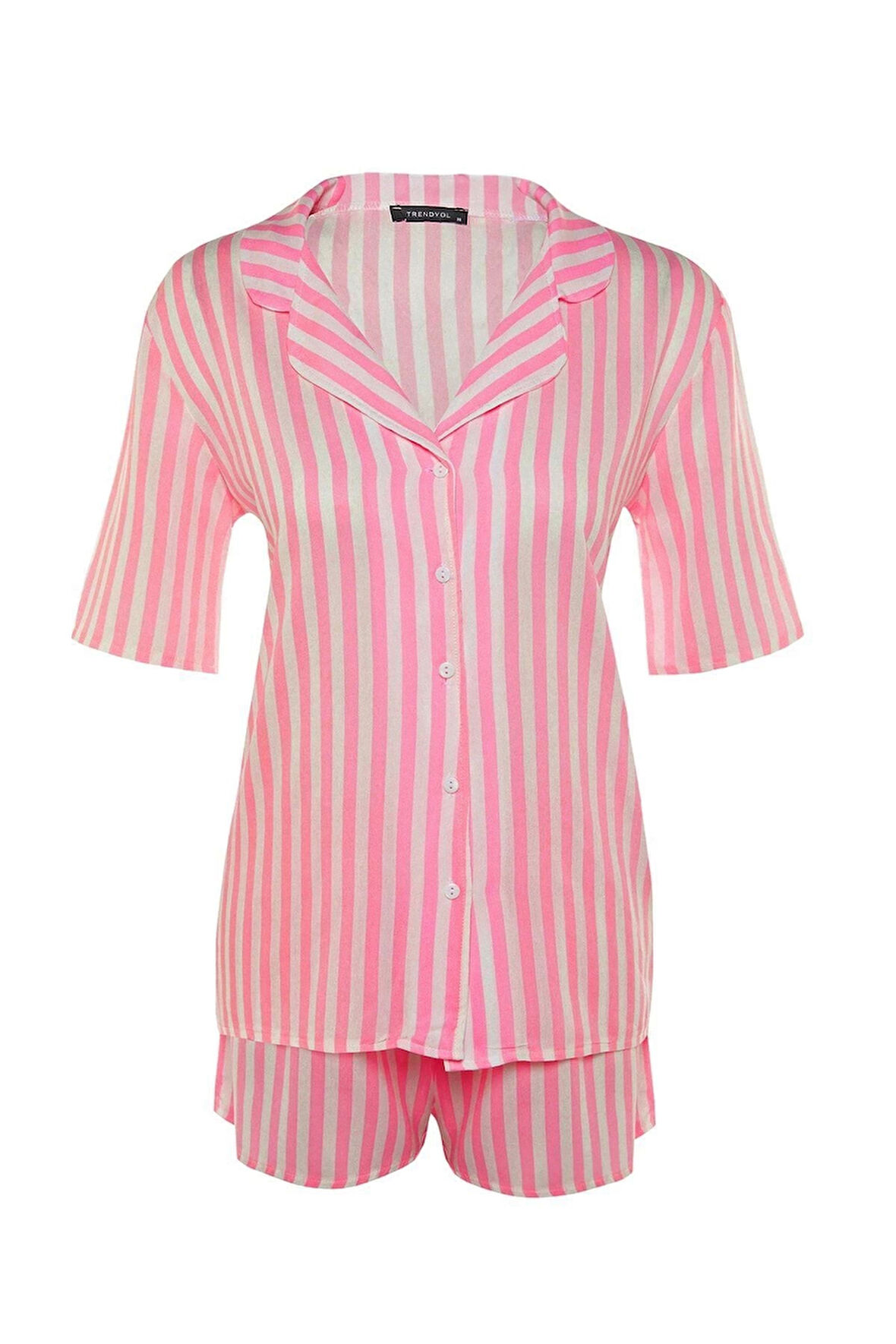 Kadın Moda Şık Gömlek Yaka Boru Paça Kısa Kol Çizgili Viskon Üstü Geniş Kalıp Dokuma Pijama Takımı