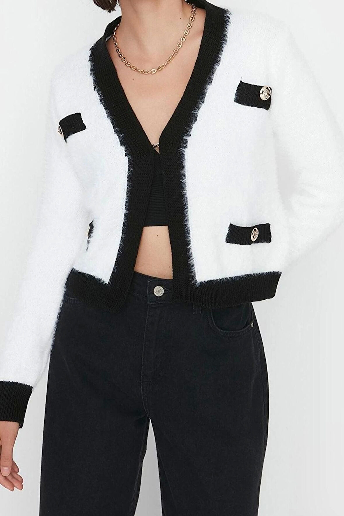 Kadın Moda Şık Regular V Yaka Regular Tüylü Sakal İp Renk Bloklu Triko Hırka