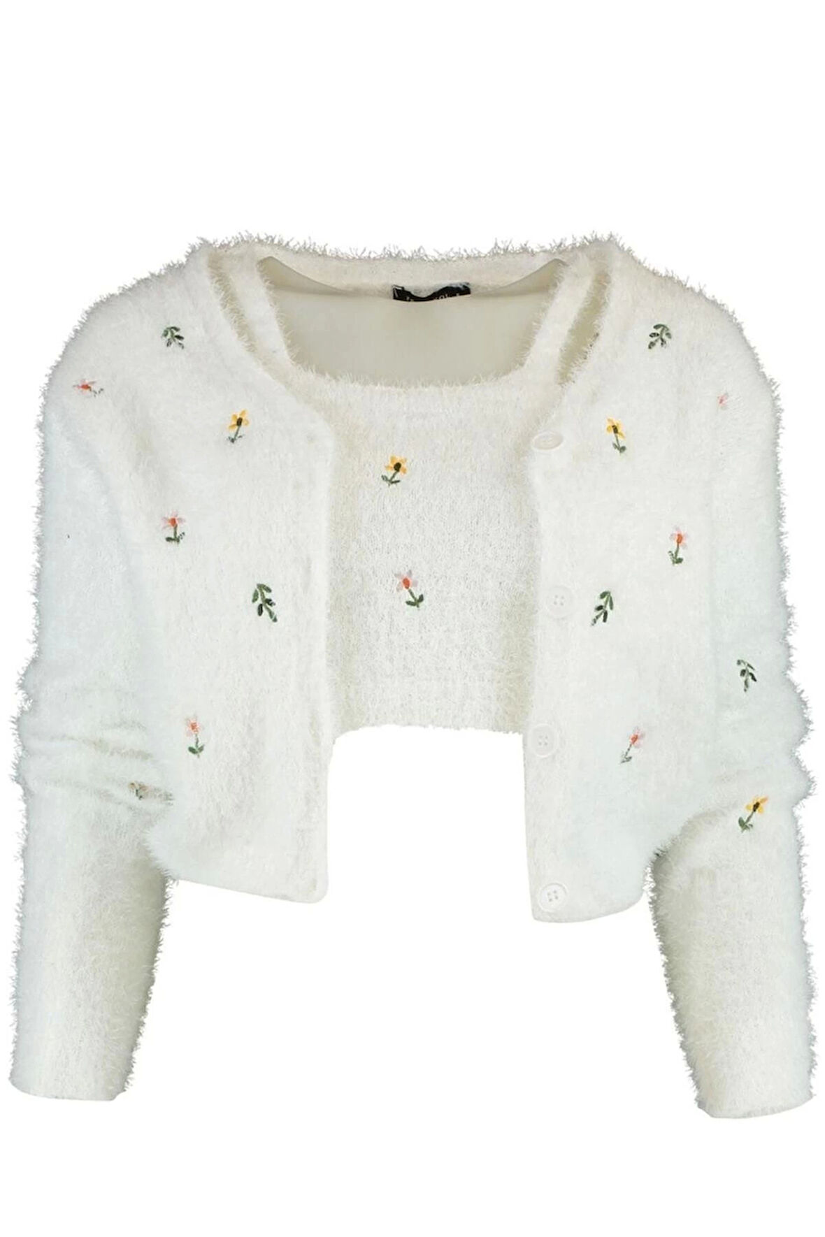 Kadın Moda Şık Regular V Yaka Regular Tüylü Sakal İp Bluz-Hırka Triko Takım