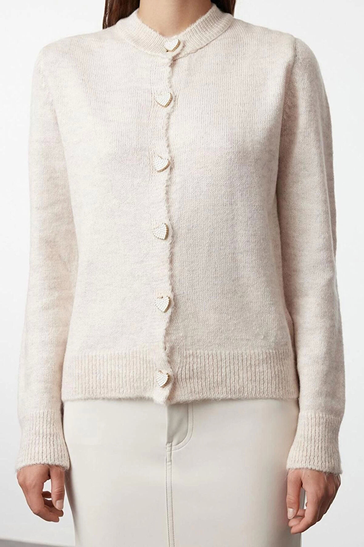 Kadın Moda Regular Bisiklet Yaka Regular Yumuşak Dokulu Mücevher Düğmeli Ceket Görünümlü Triko Hırka