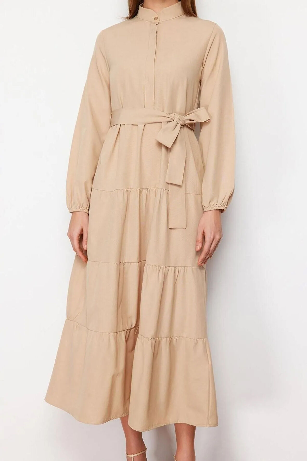 Yeni Rahat Casual Günlük Terrycotton Dokuma Dik Yaka Uzun Kol Basic Maxi Boy Tesettür Elbise