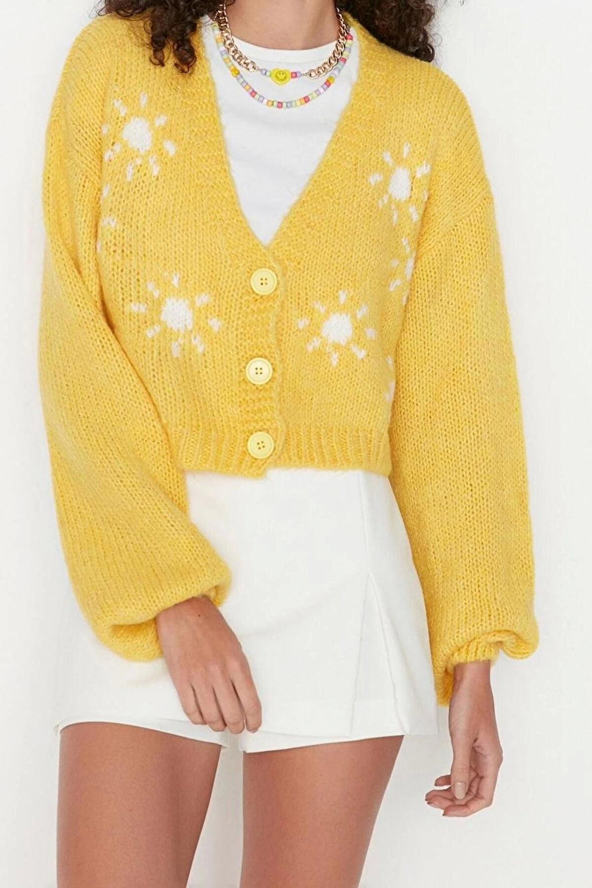 Kadın Moda Şık Crop V Yaka Regular Yumuşak Dokulu Desenli Triko Hırka