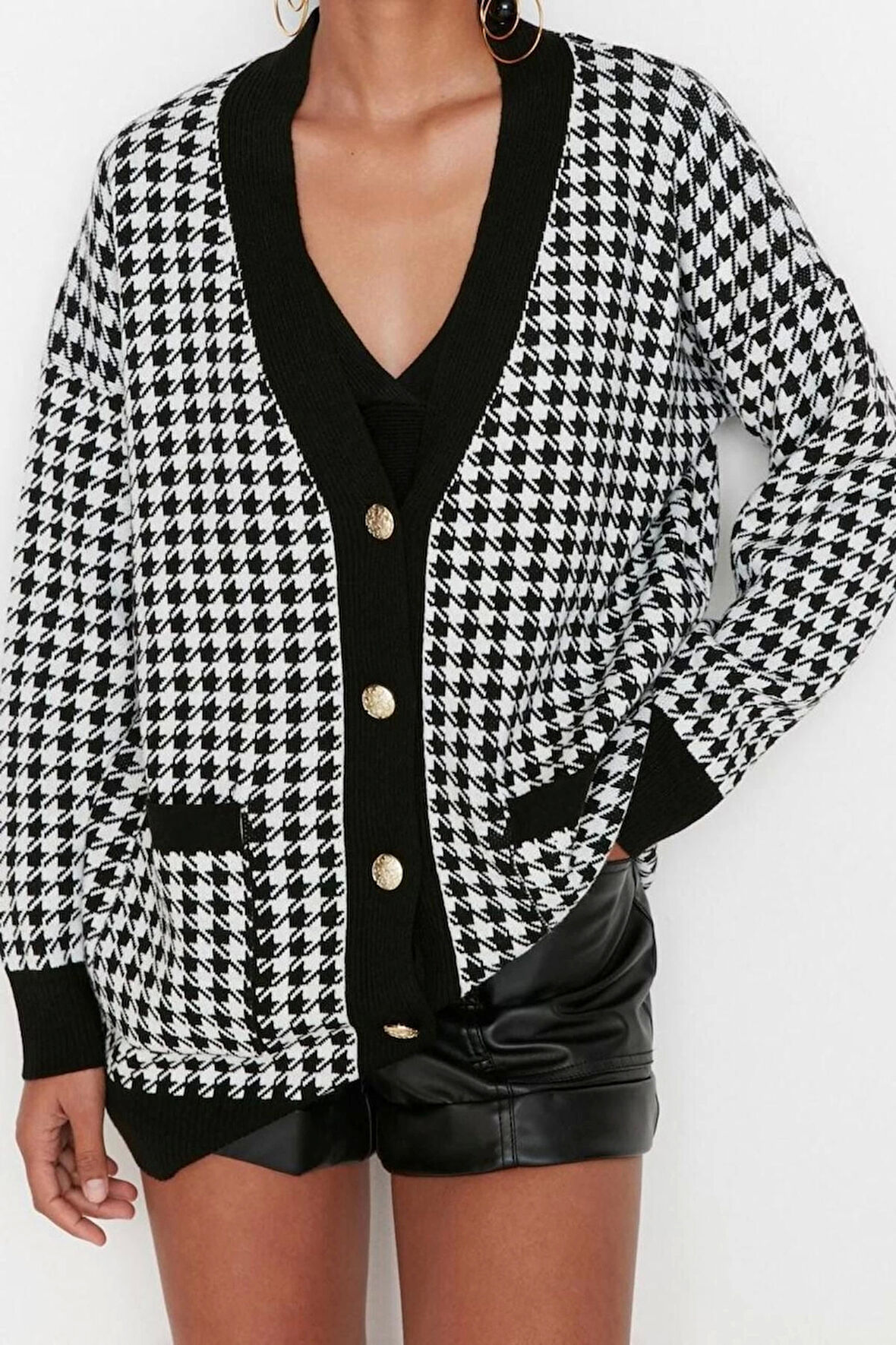 Kadın Moda Şık Midi V Yaka Oversize Geniş Kalıp Kazayağı Triko Hırka